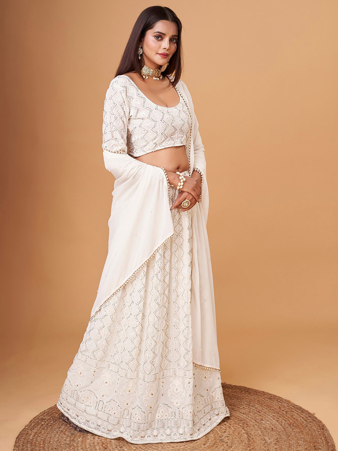 Mesmerizing White Thread Work Georgette Lehenga Choli With Dupatta