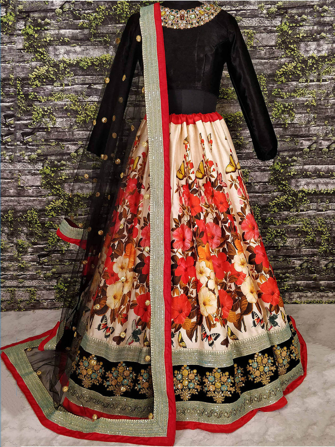 Beautiful Cream Floral Printed Silk Wedding Lehenga Choli With Dupatta