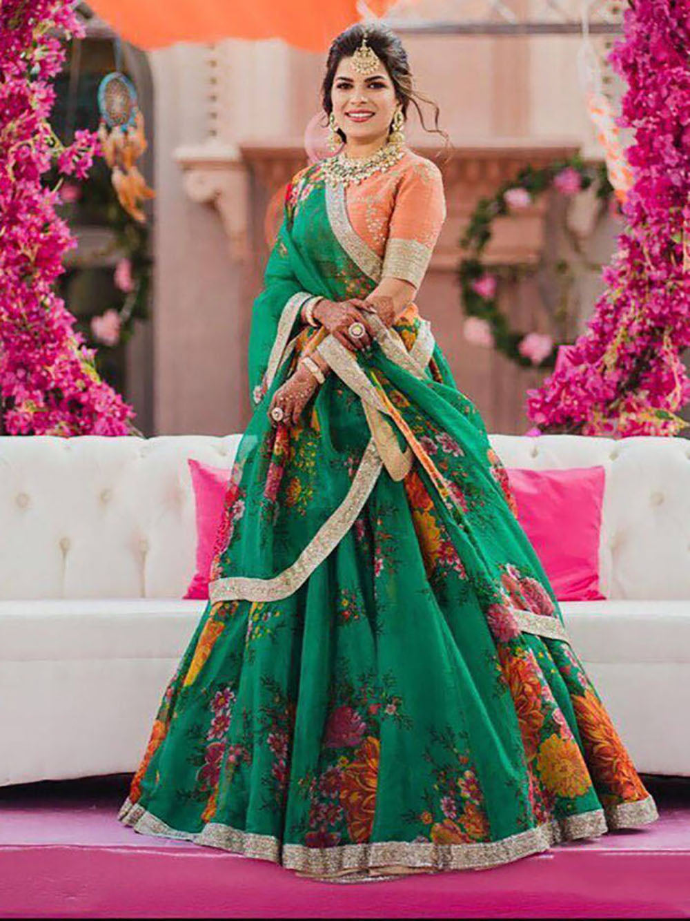 Beautiful Green Floral Digital Printed Organza Lehenga Choli