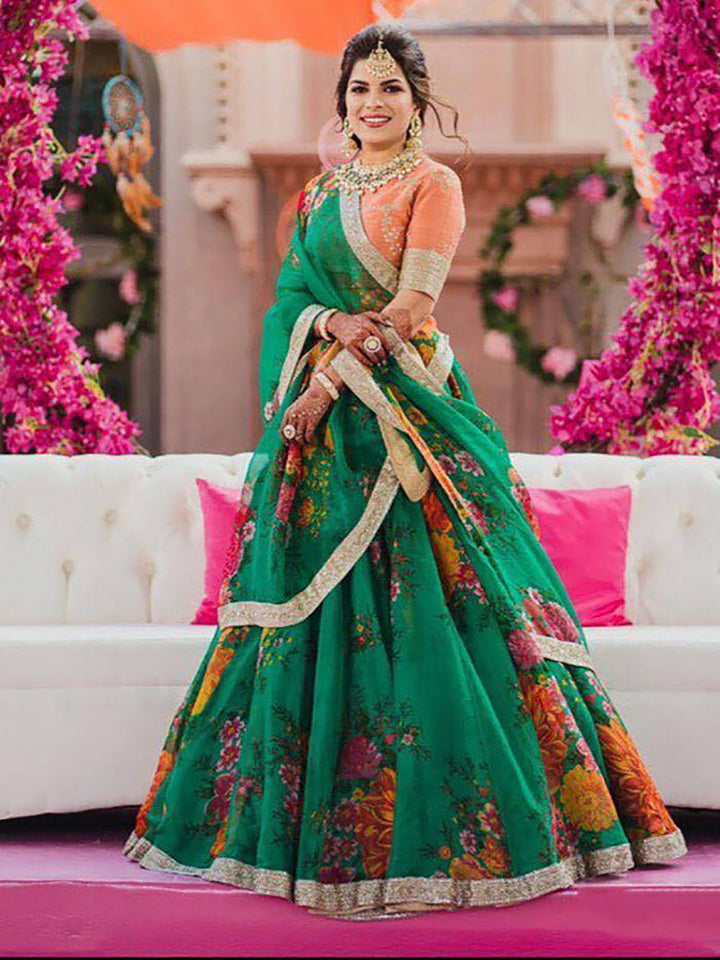 Beautiful Green Floral Digital Printed Organza Lehenga Choli