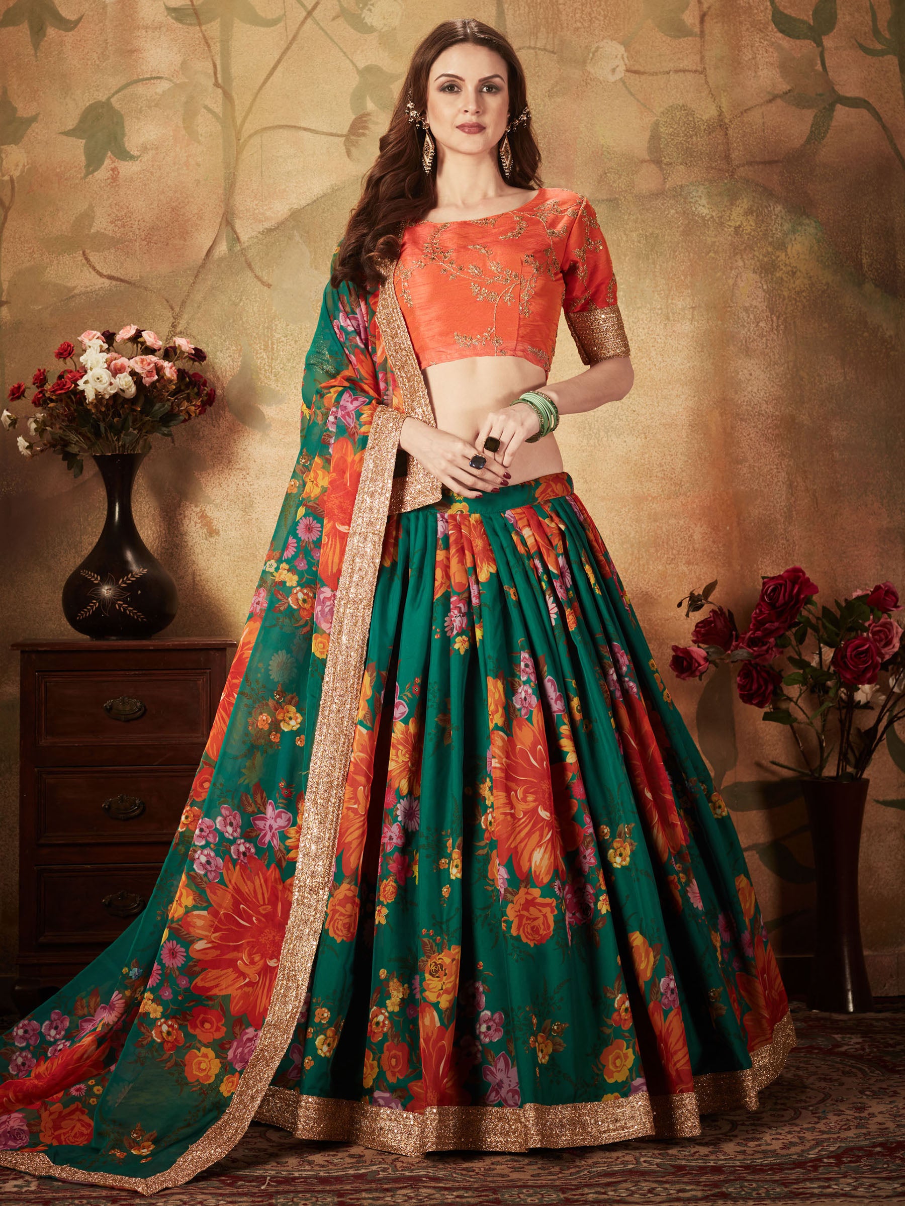 Beautiful Green Floral Digital Printed Organza Lehenga Choli