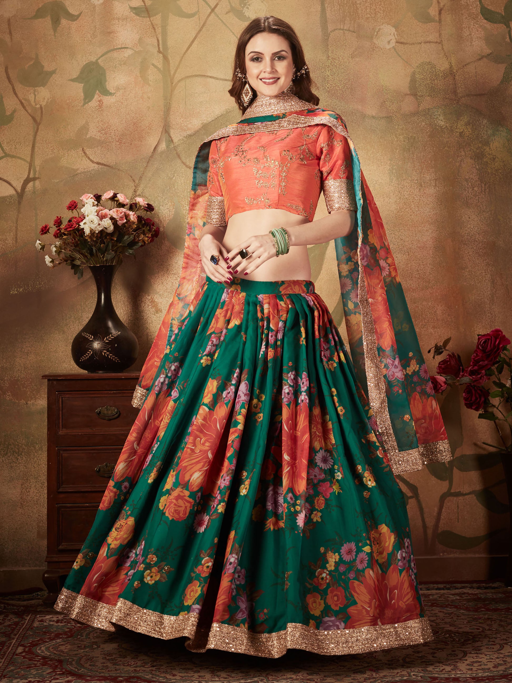 Beautiful Green Floral Digital Printed Organza Lehenga Choli