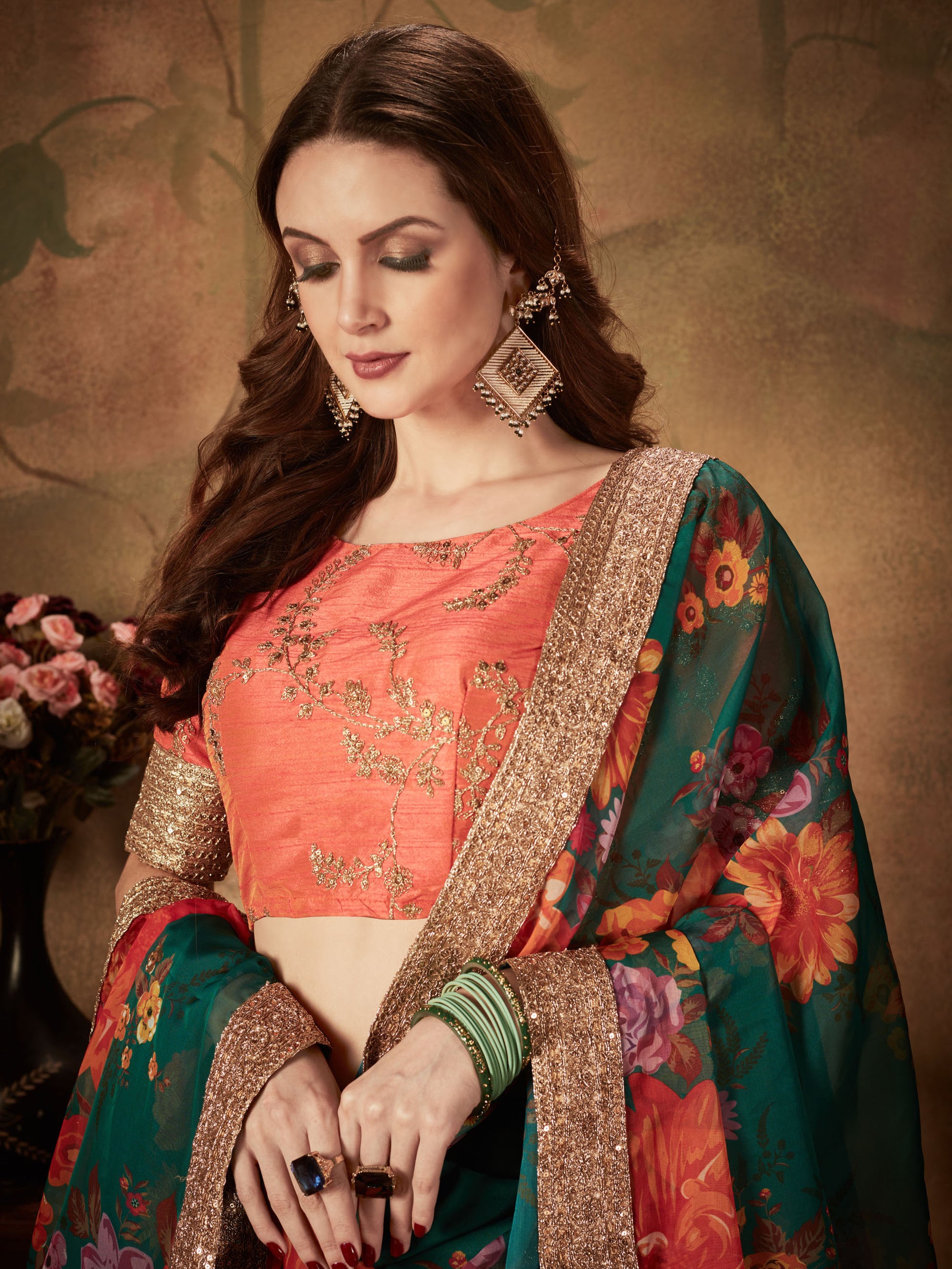 Beautiful Green Floral Digital Printed Organza Lehenga Choli