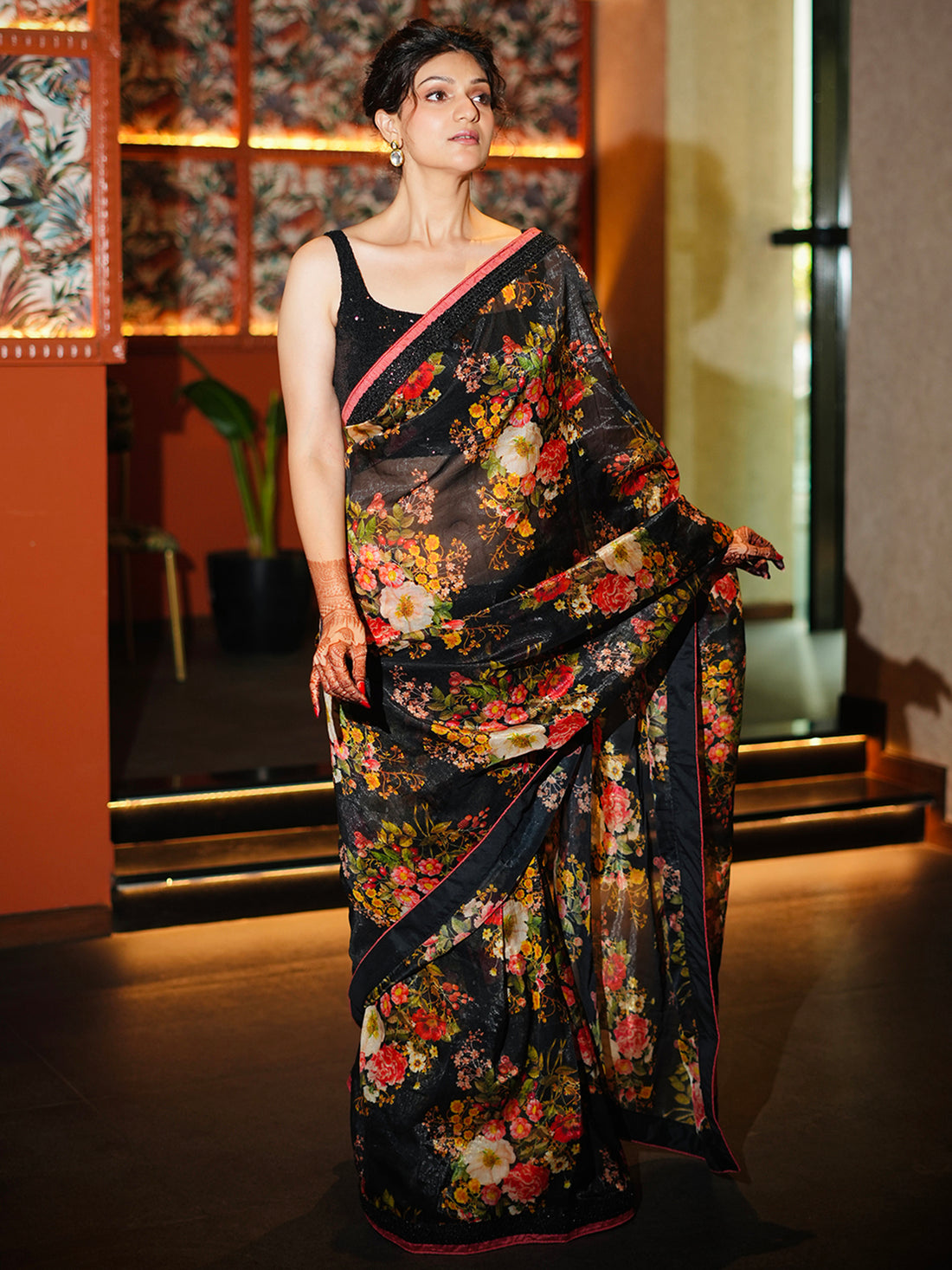 Marvelous Black Floral Printed Organza Cocktail Party Wear Saree