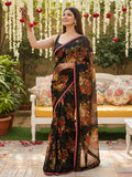 Alluring Black Floral Printed Organza Evening Wear Saree With Blouse