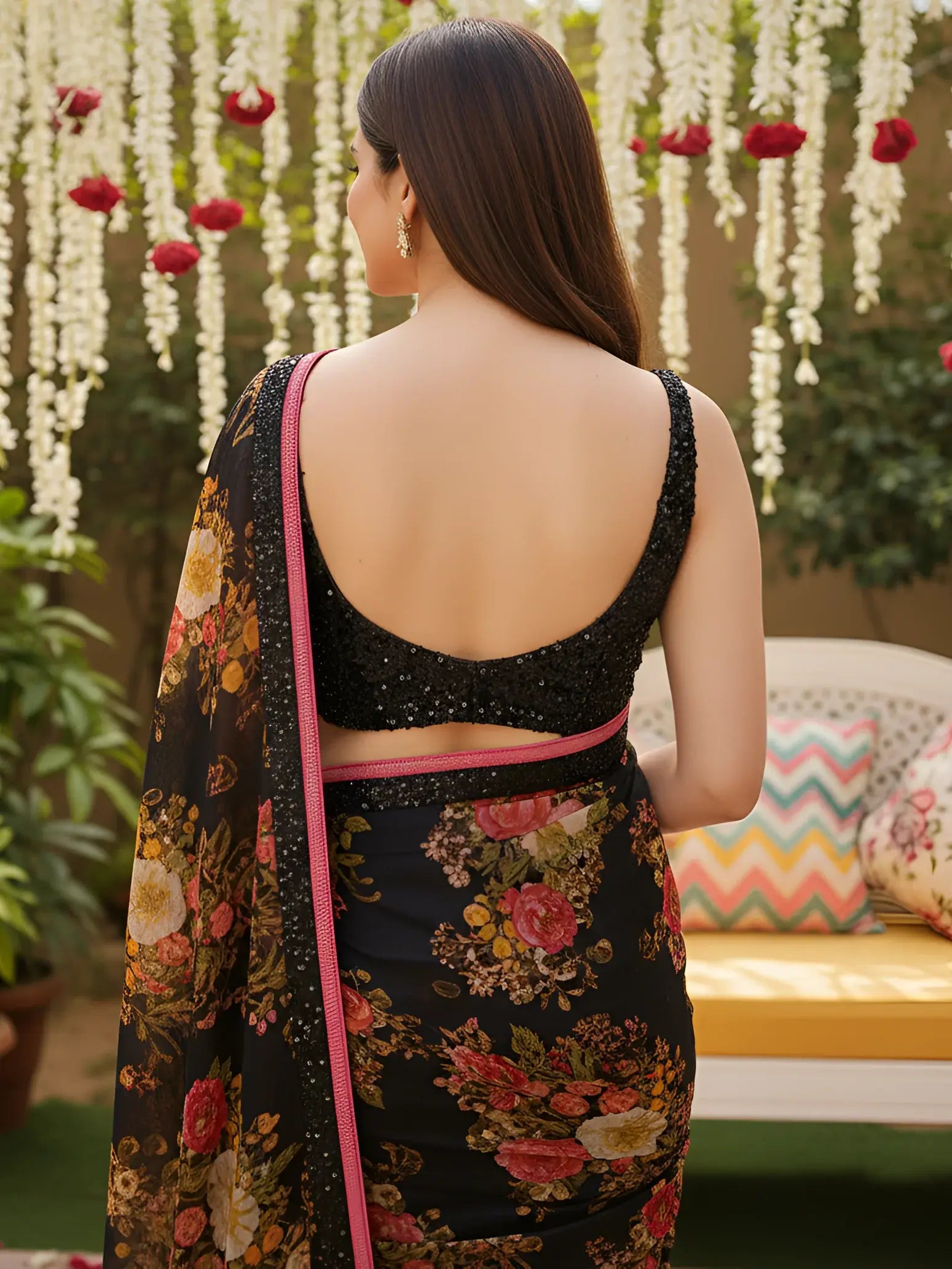 Alluring Black Floral Printed Organza Evening Wear Saree With Blouse