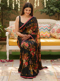Alluring Black Floral Printed Organza Evening Wear Saree With Blouse
