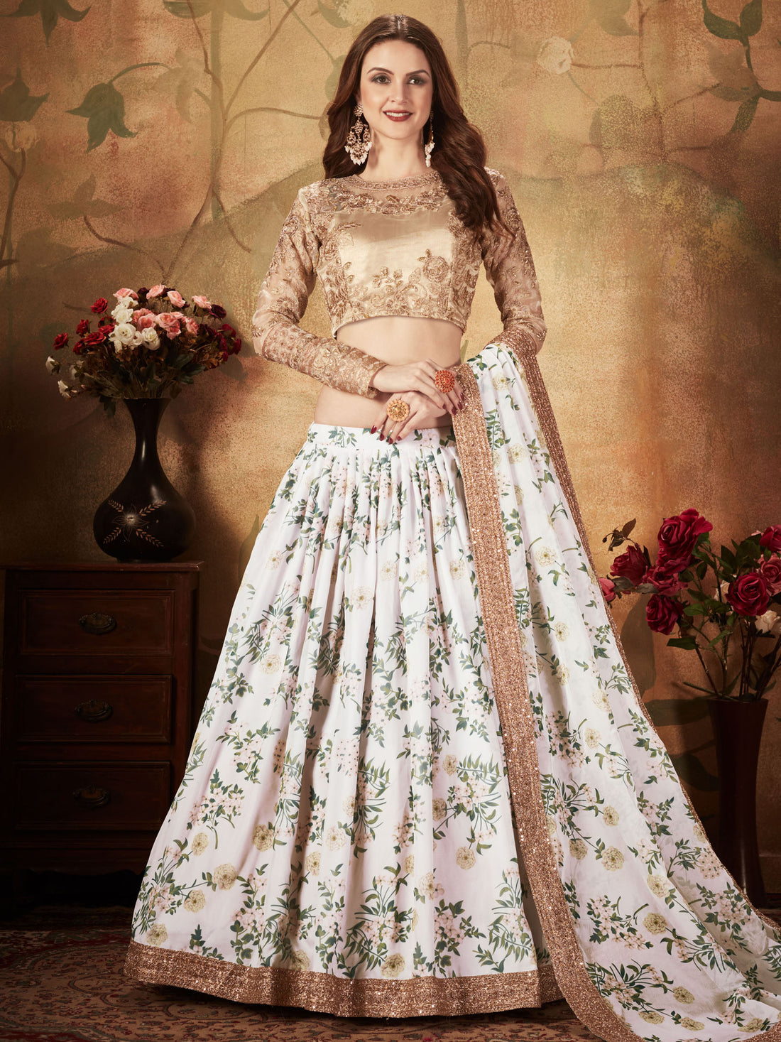 Glamorous White Floral Printed Organza Sangeet Wear Lehenga Choli