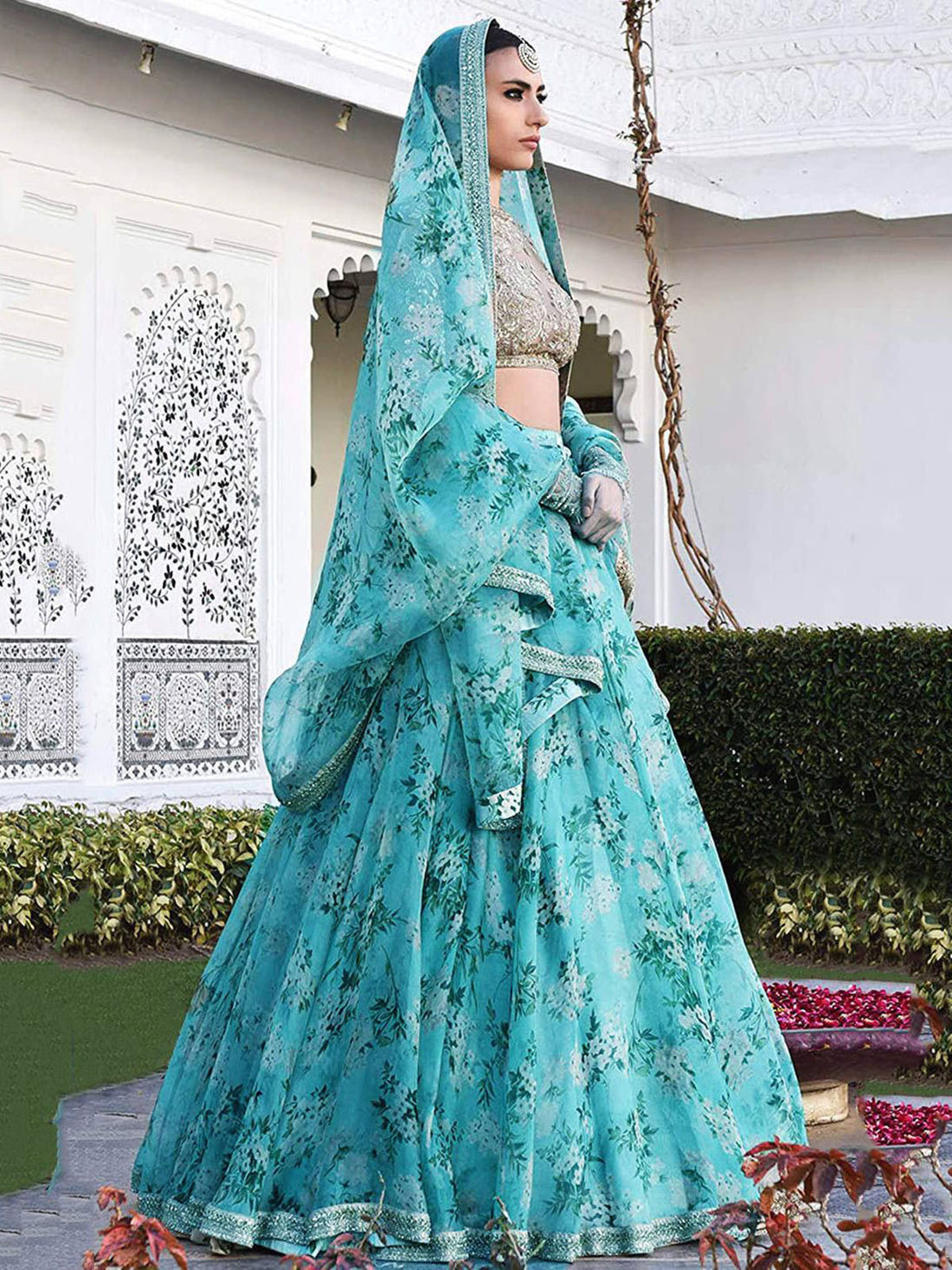 Enchanting Sky Blue Floral Printed Organza Wedding Lehenga Choli