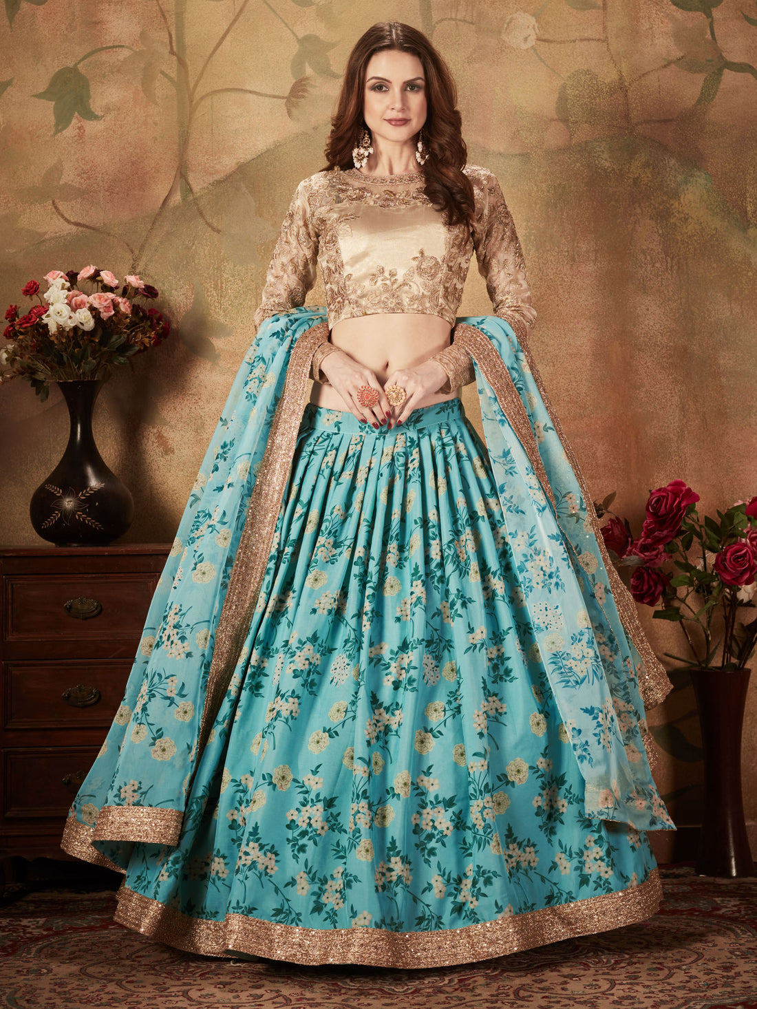 Enchanting Sky Blue Floral Printed Organza Wedding Lehenga Choli