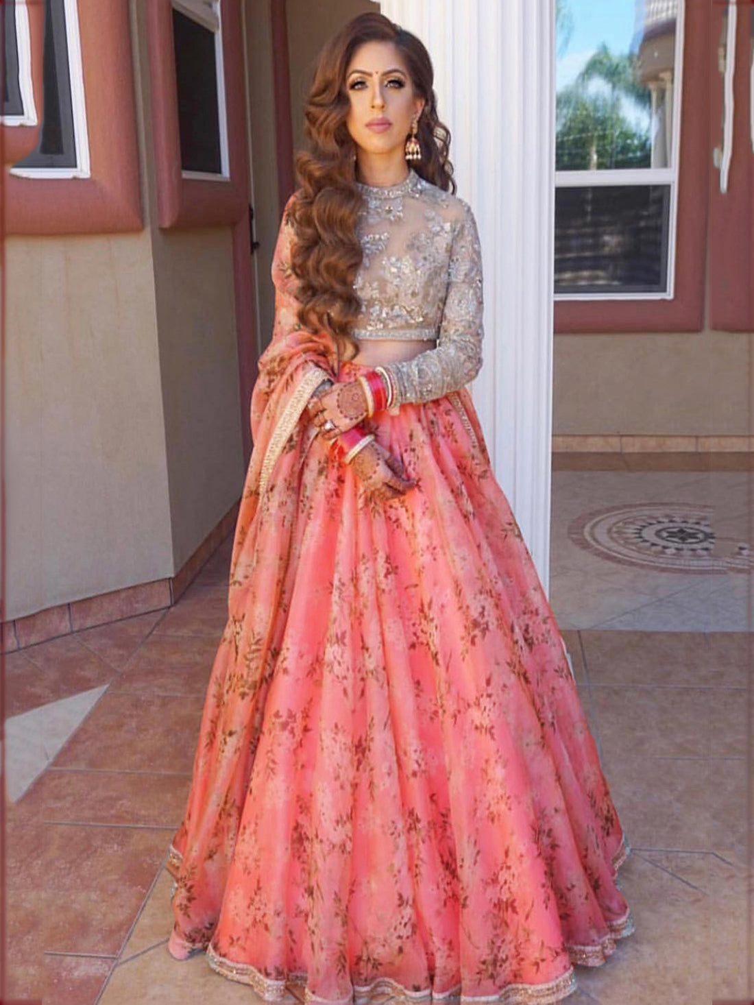 Gorgeous Pink Floral Printed Organza Bridesmaid Lehenga Choli