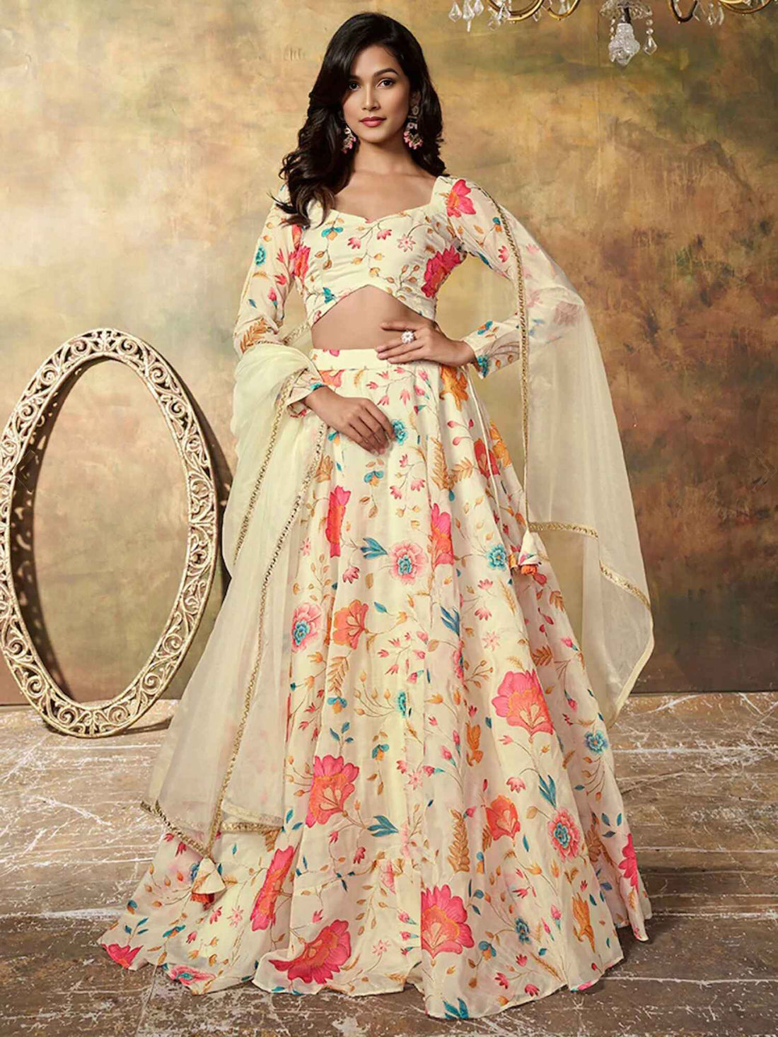 Alluring Beige Floral Printed Organza Reception Wear Lehenga Choli