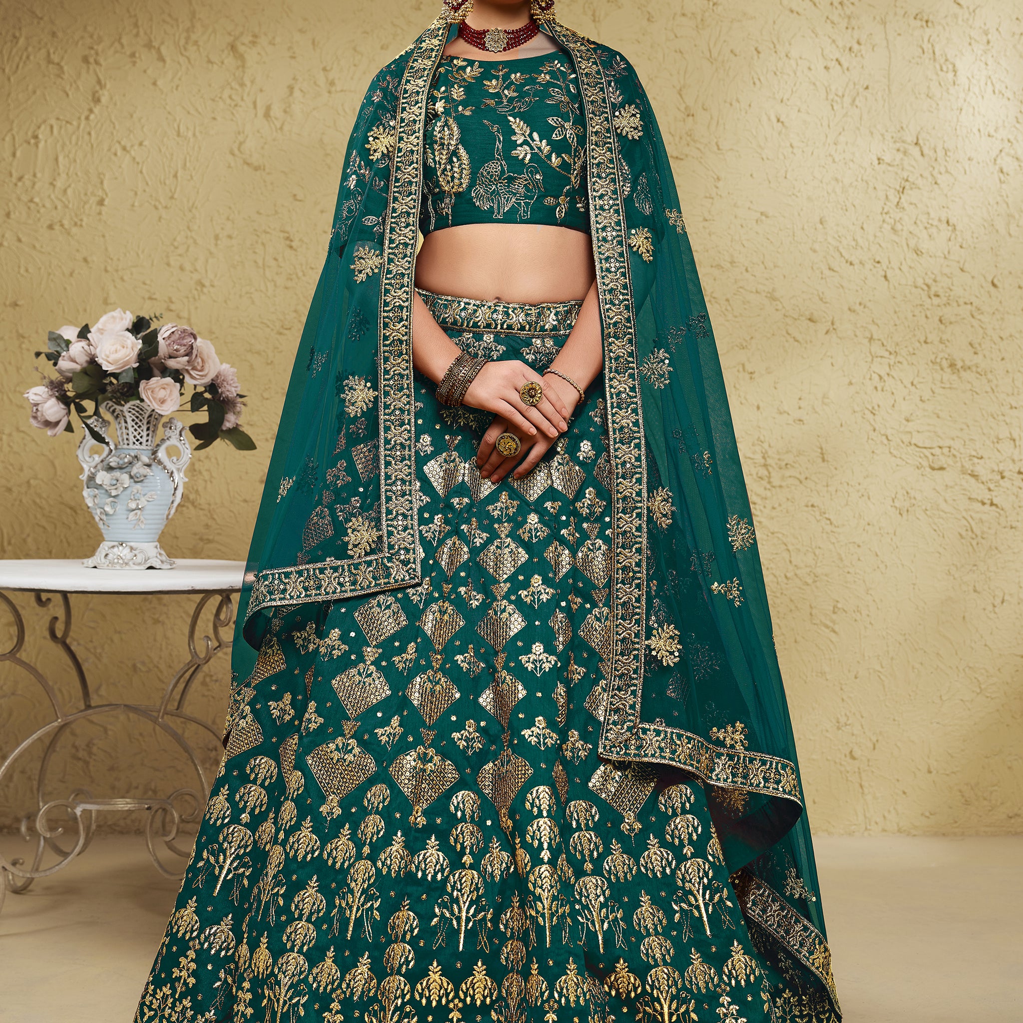 Astonishing Green Sequins Work Slub Silk Party Wear Lehenga Choli With Dupatta