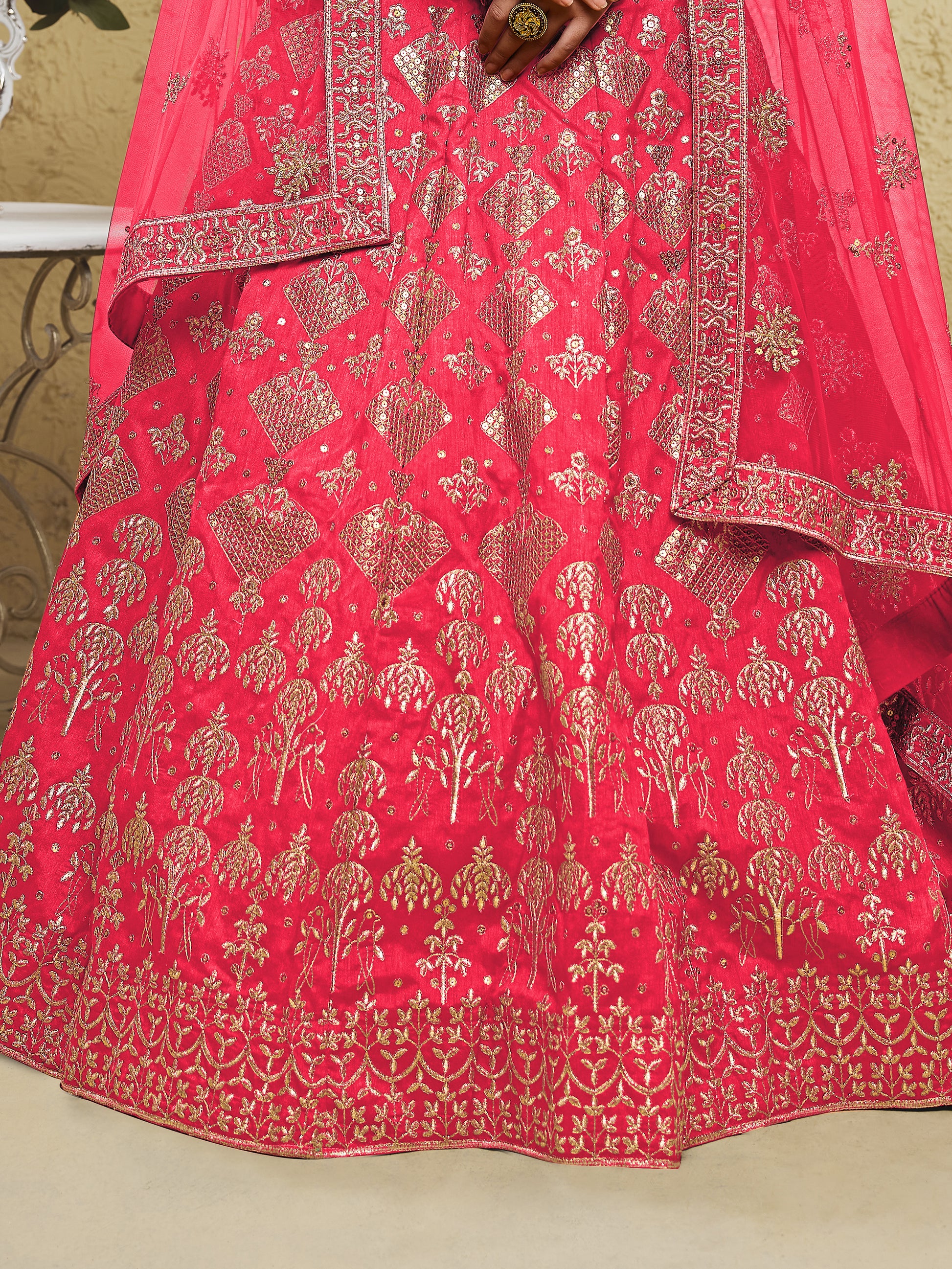 Spectacular Peach Sequins Work Slub Silk Traditional Wear Lehenga Choli