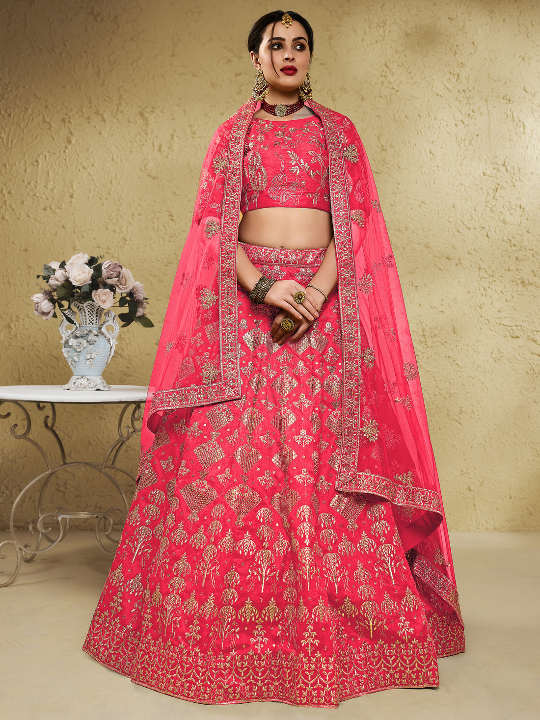 Spectacular Peach Sequins Work Slub Silk Traditional Wear Lehenga Choli
