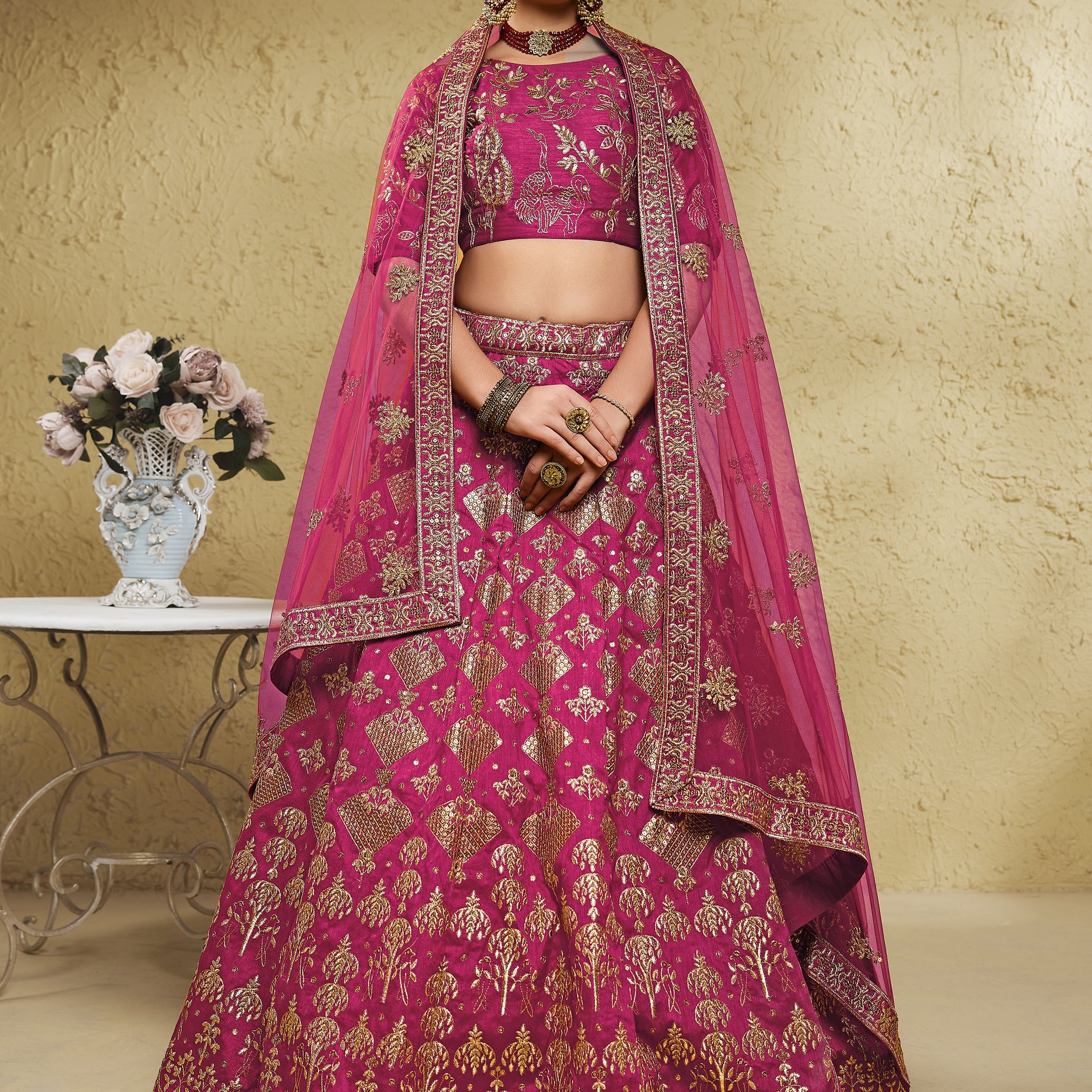 Stunning Pink Thread Embroidered Slub Silk Wedding Wear Lehenga Choli
