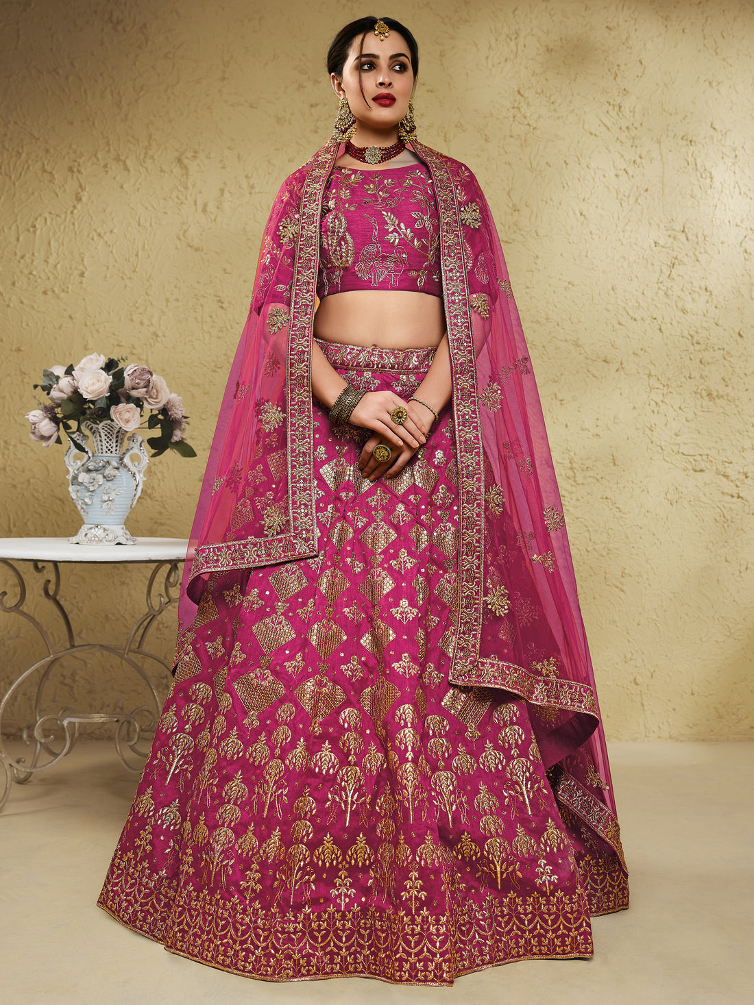 Stunning Pink Thread Embroidered Slub Silk Wedding Wear Lehenga Choli