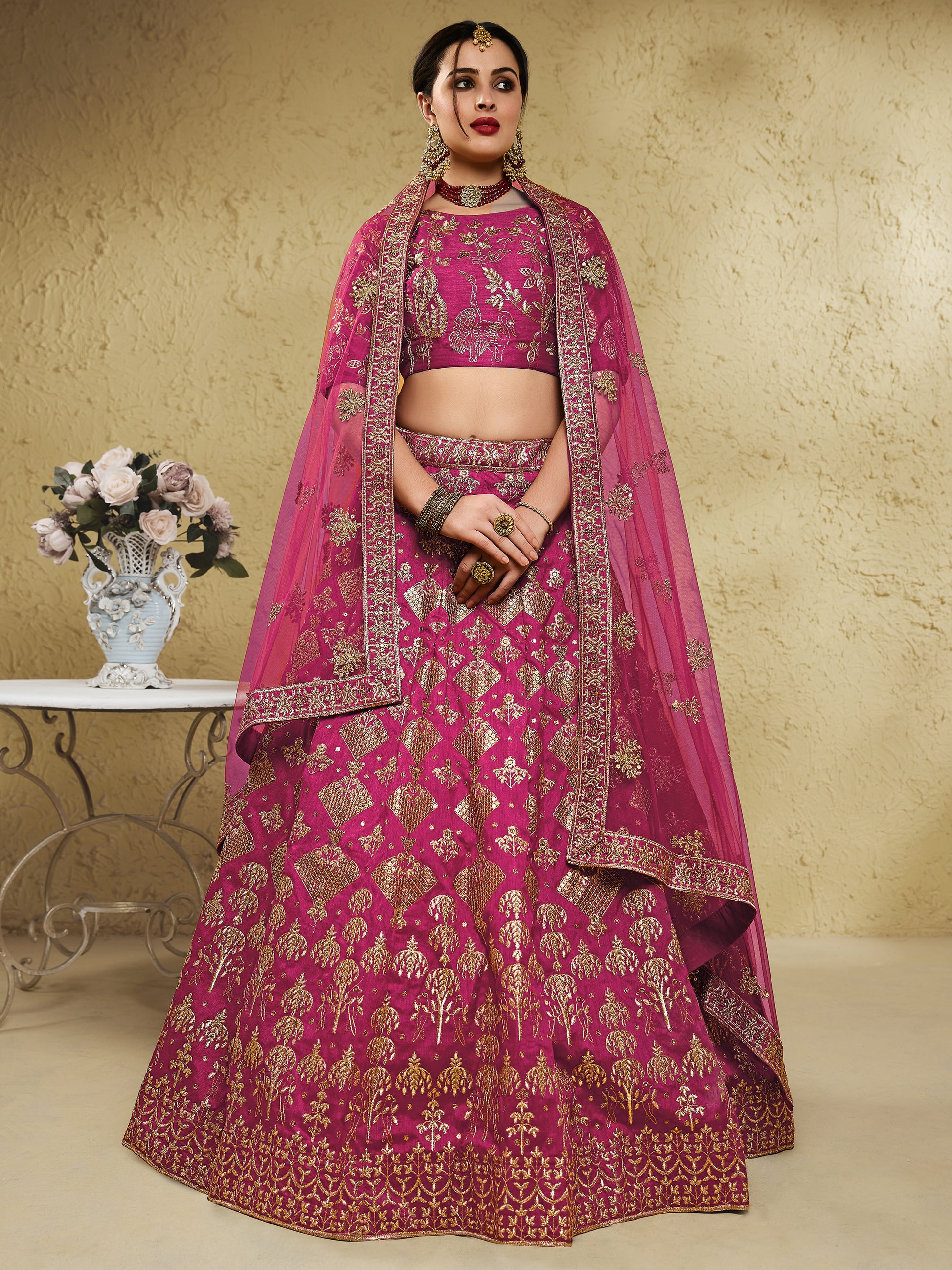 Stunning Pink Thread Embroidered Slub Silk Wedding Wear Lehenga Choli