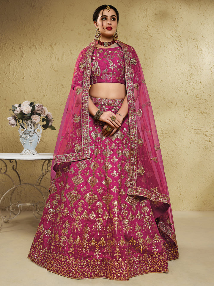 Stunning Pink Thread Embroidered Slub Silk Wedding Wear Lehenga Choli