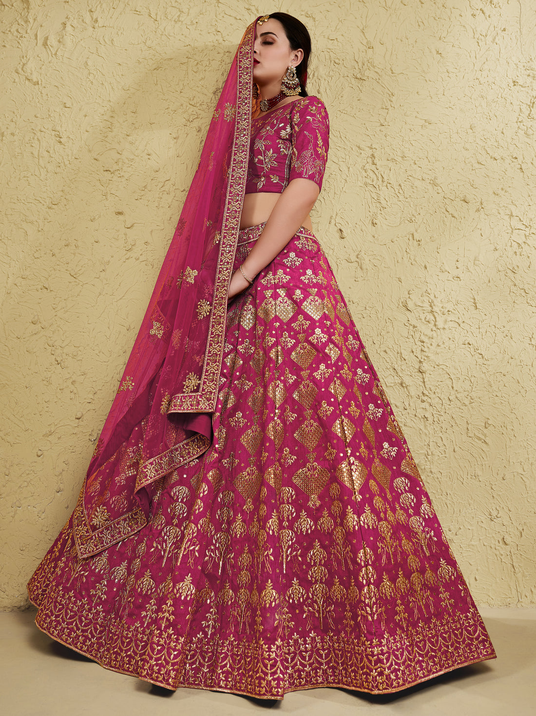 Stunning Pink Thread Embroidered Slub Silk Wedding Wear Lehenga Choli