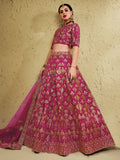 Stunning Pink Thread Embroidered Slub Silk Wedding Wear Lehenga Choli