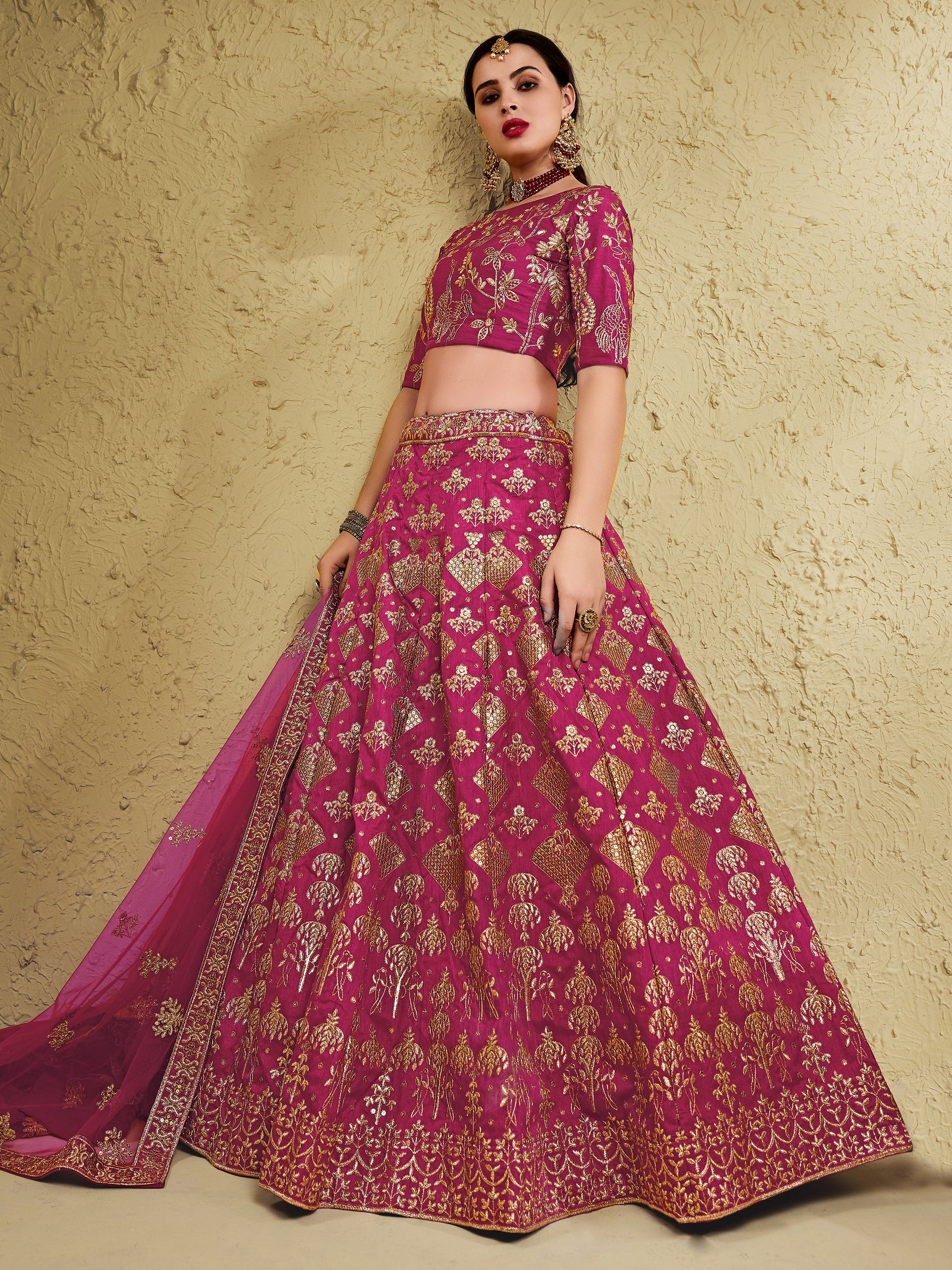 Stunning Pink Thread Embroidered Slub Silk Wedding Wear Lehenga Choli
