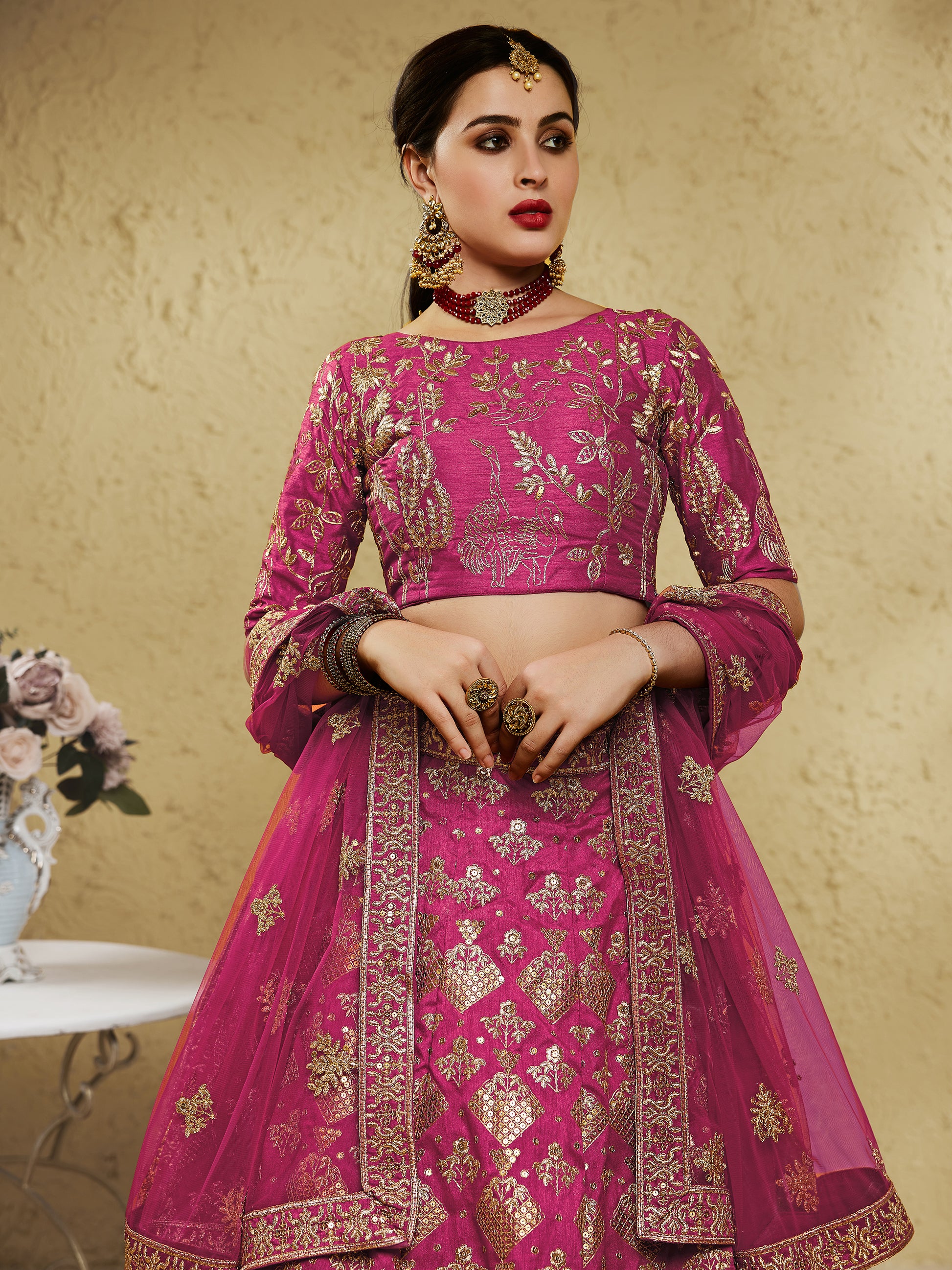 Stunning Pink Thread Embroidered Slub Silk Wedding Wear Lehenga Choli