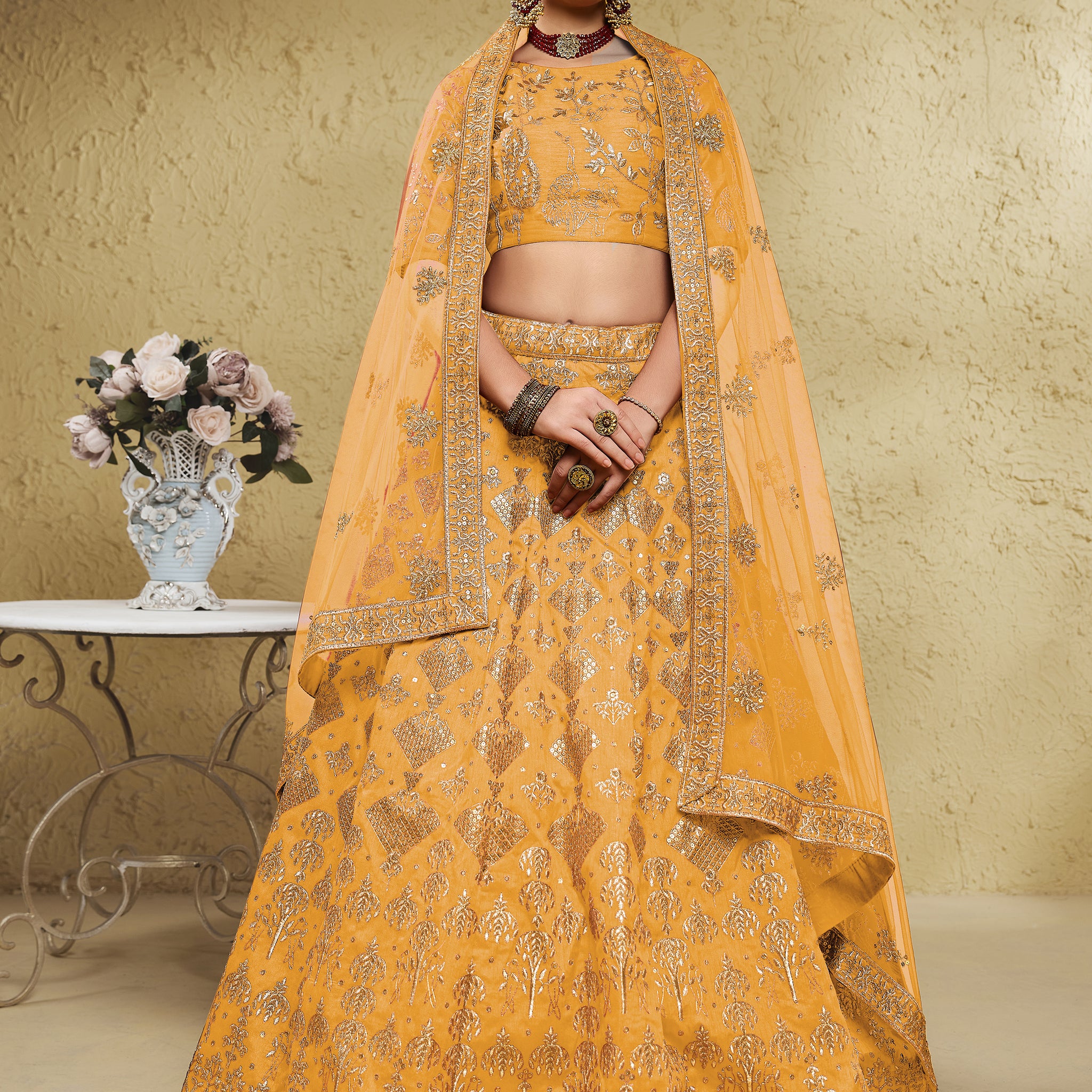 Magnetic Yellow Sequins Embroidered Slub Silk Haldi Wear Lehenga Choli