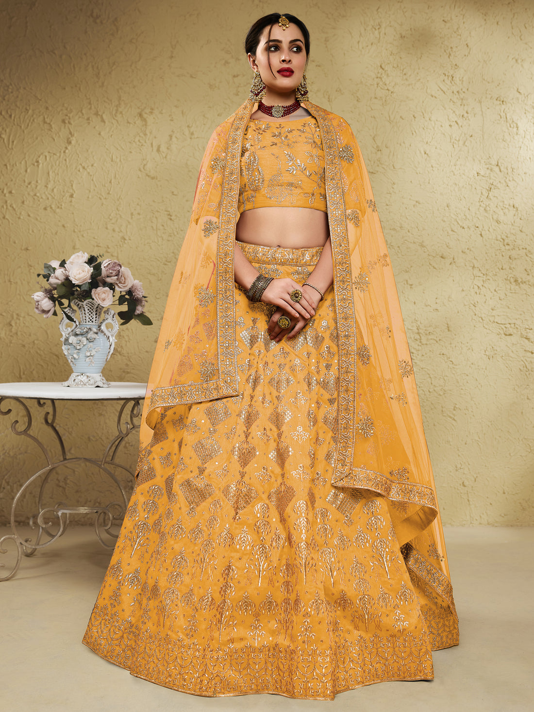 Magnetic Yellow Sequins Embroidered Slub Silk Haldi Wear Lehenga Choli