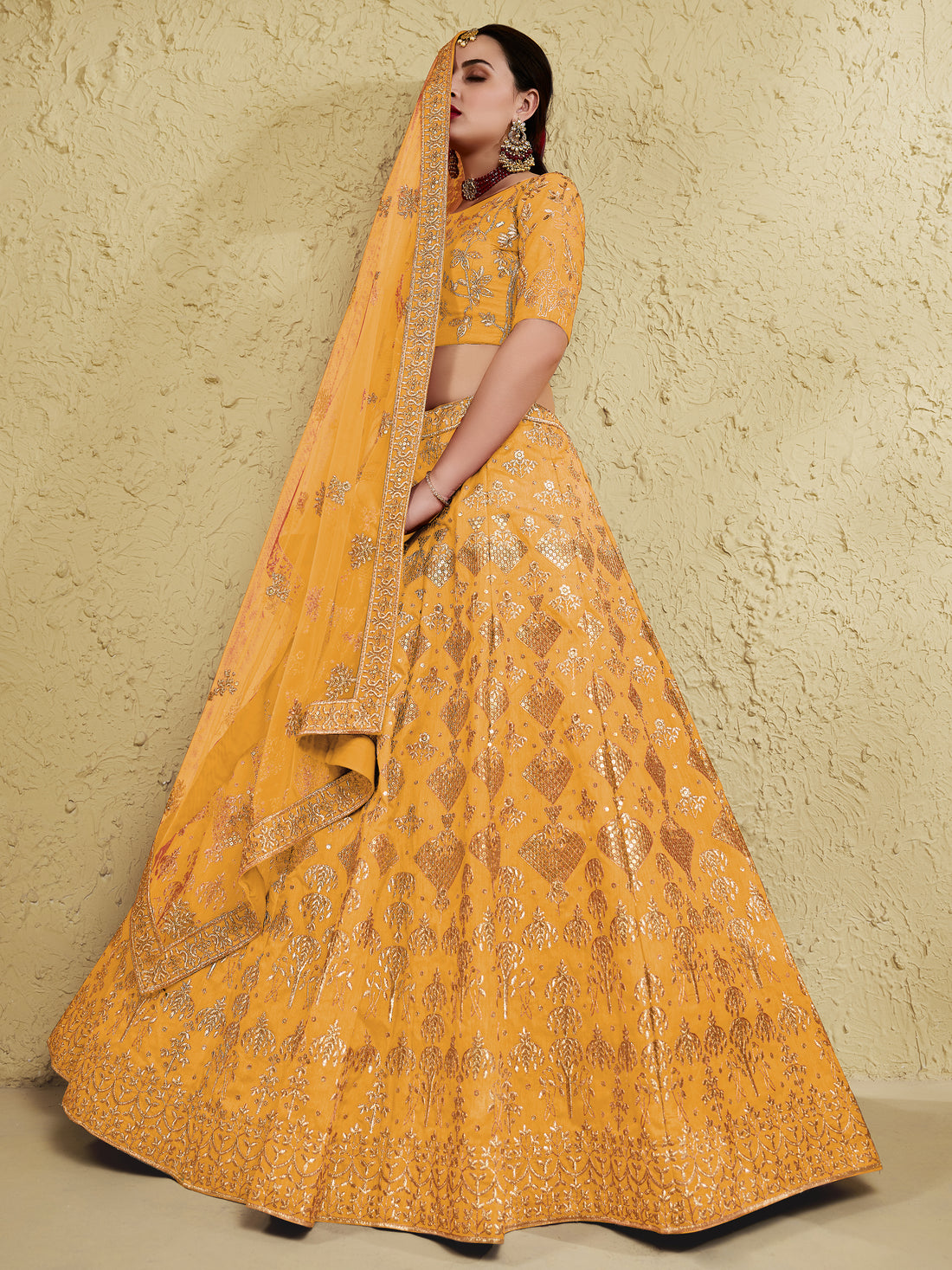 Magnetic Yellow Sequins Embroidered Slub Silk Haldi Wear Lehenga Choli