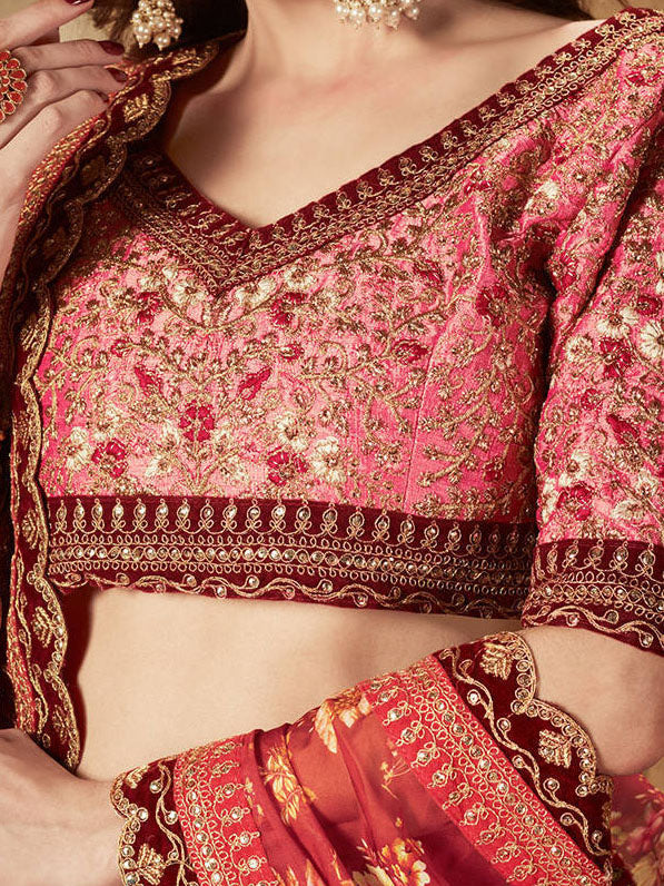 Beautiful Maroon Floral Printed Organza Wedding Lehenga Choli