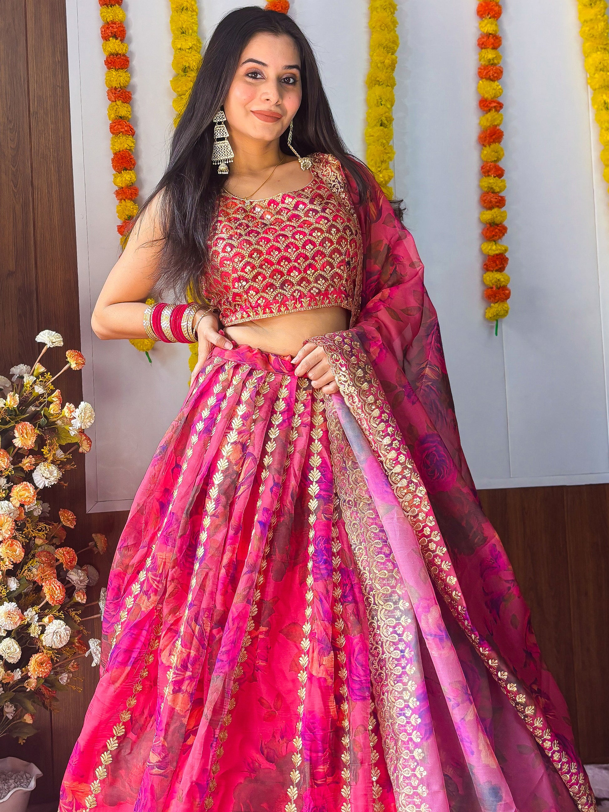 Marvelous Pink Zari Embroidery Organza Bridesmaid Lehenga Choli