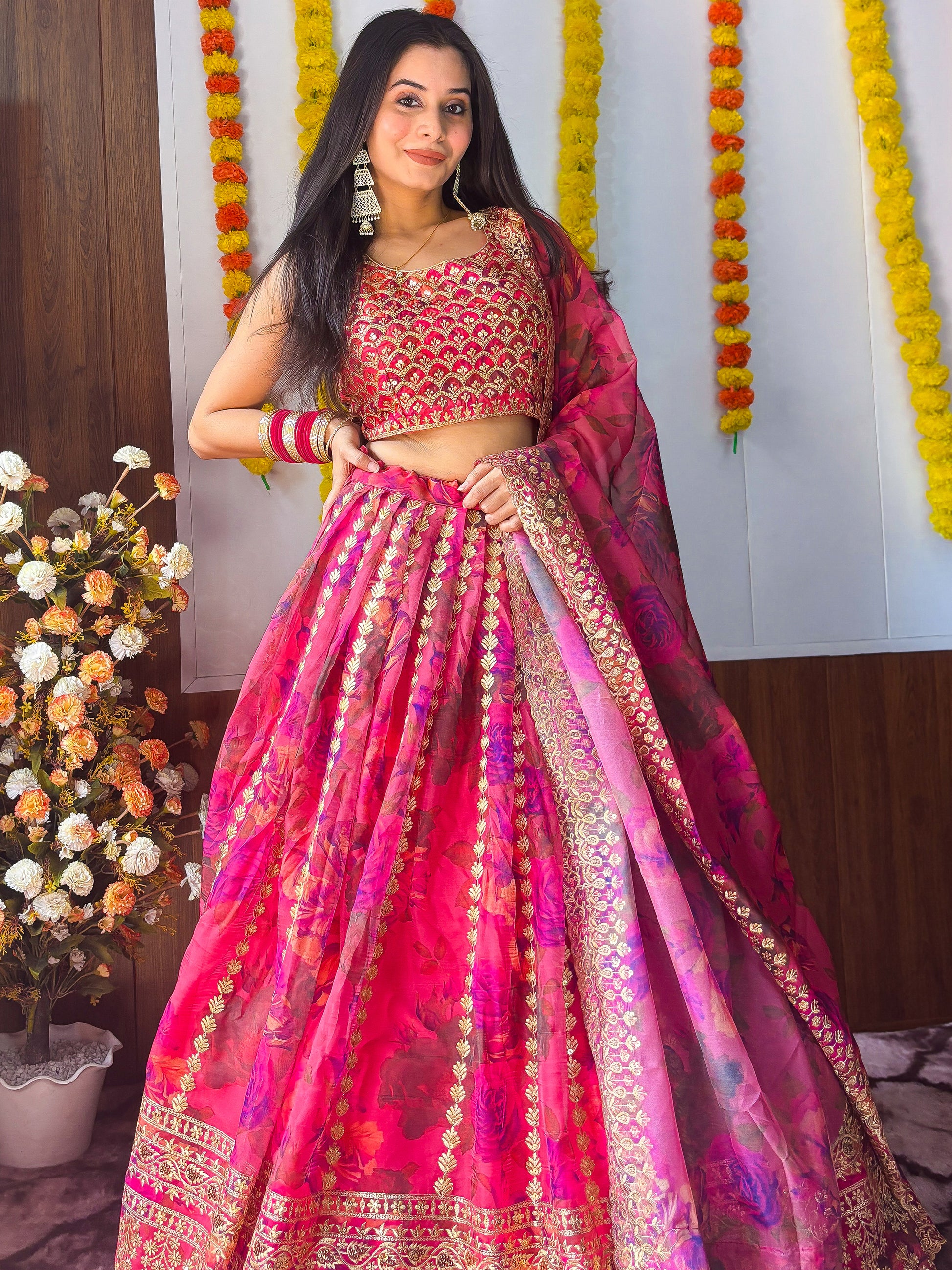 Marvelous Pink Zari Embroidery Organza Bridesmaid Lehenga Choli