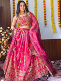 Marvelous Pink Zari Embroidery Organza Bridesmaid Lehenga Choli