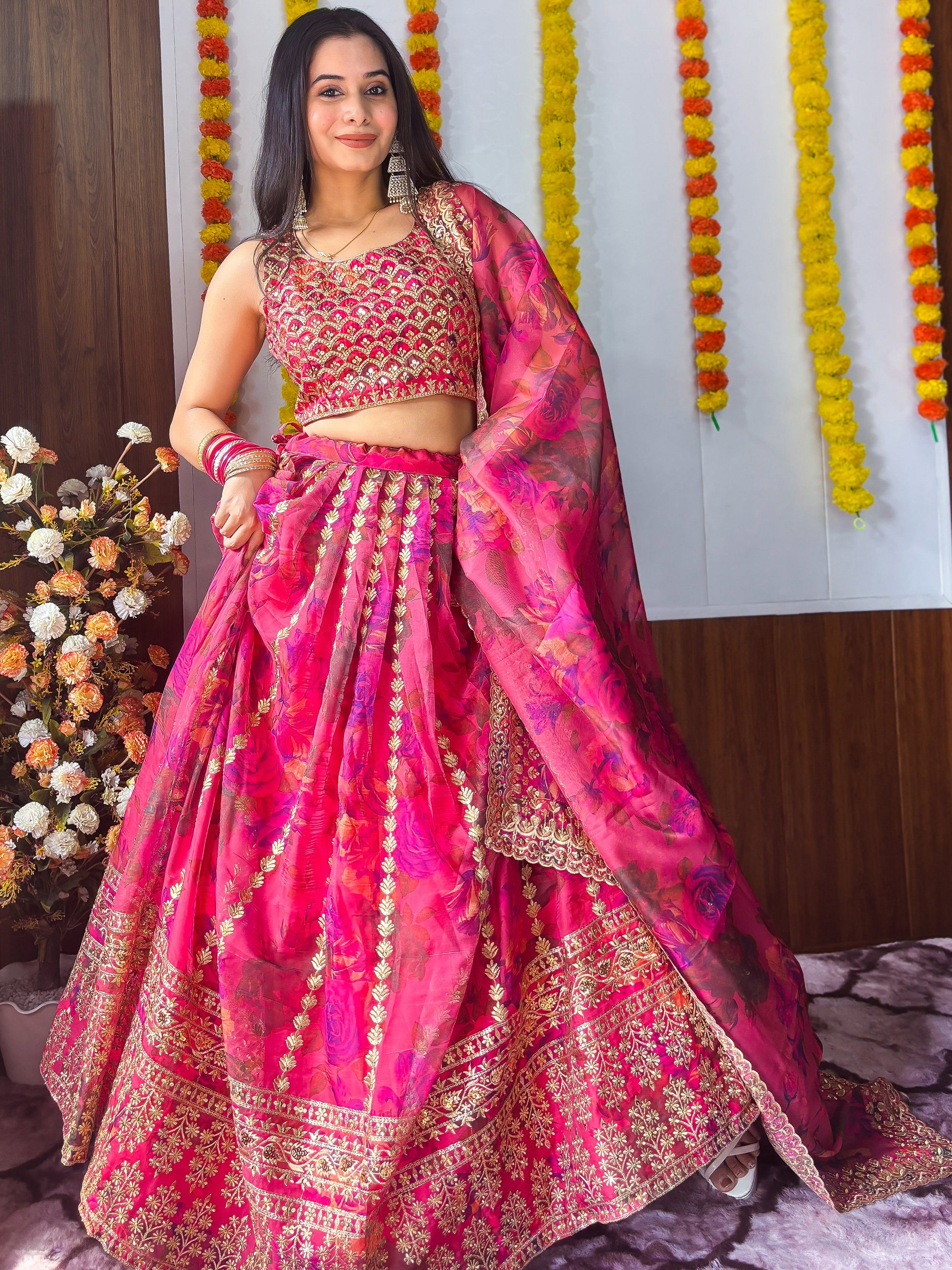 Marvelous Pink Zari Embroidery Organza Bridesmaid Lehenga Choli
