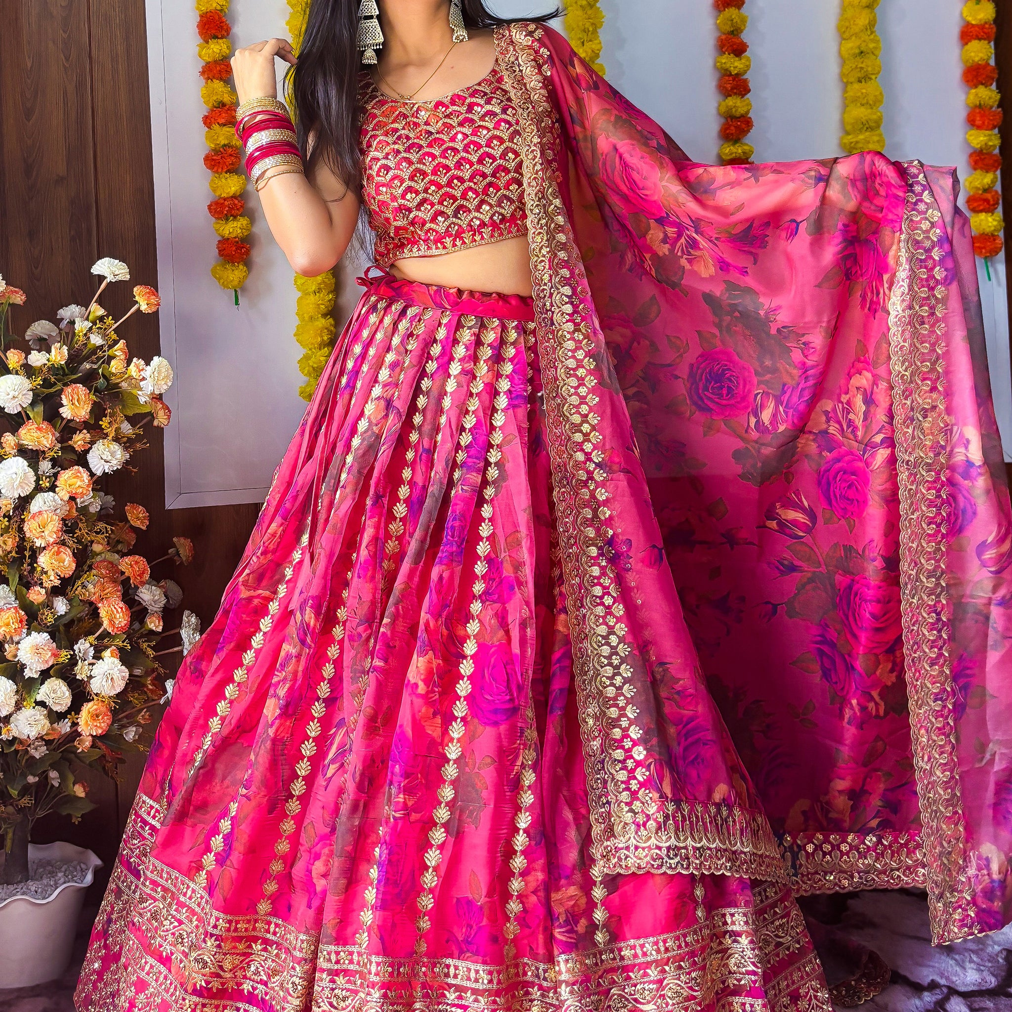 Marvelous Pink Zari Embroidery Organza Bridesmaid Lehenga Choli