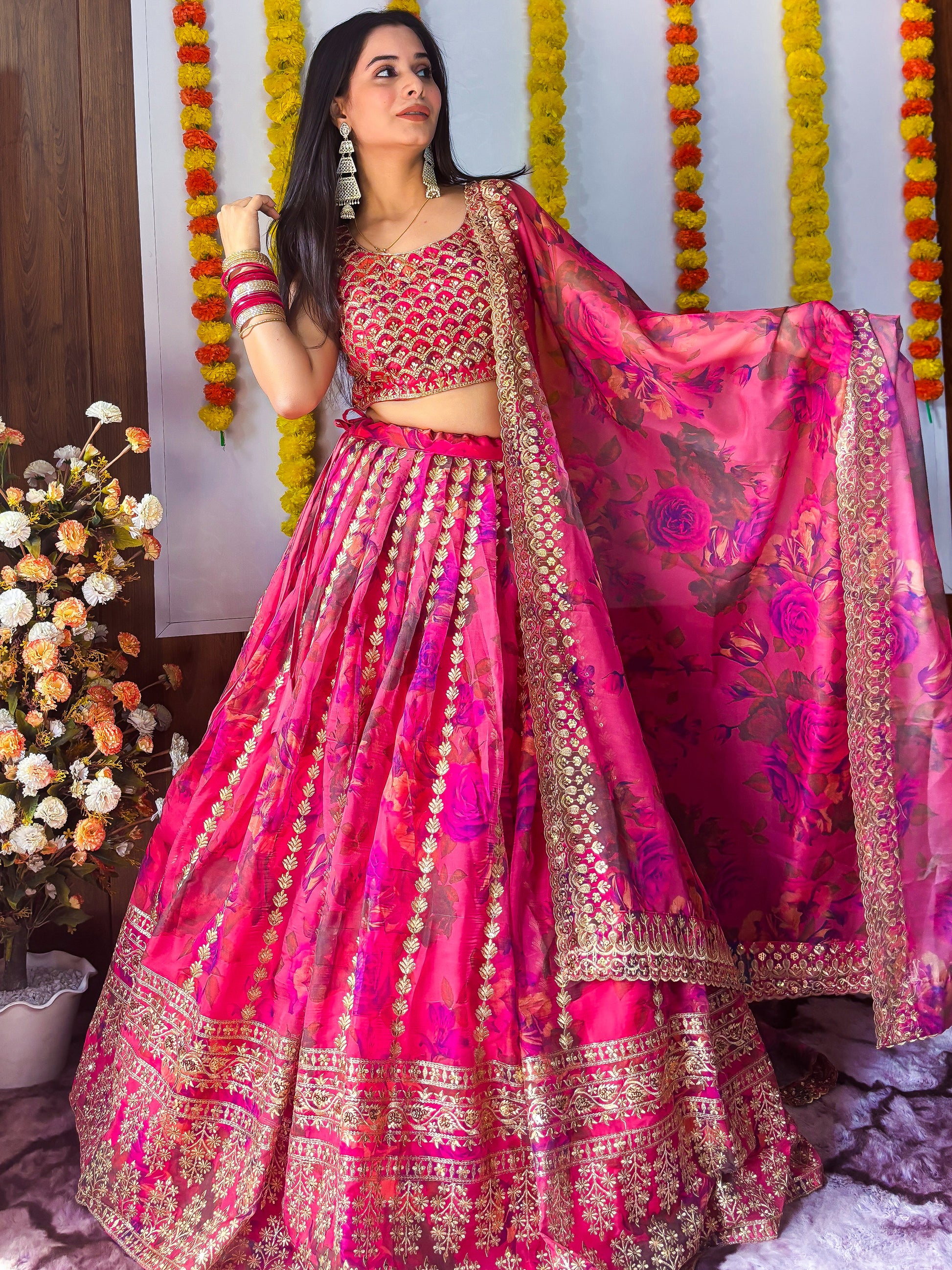 Marvelous Pink Zari Embroidery Organza Bridesmaid Lehenga Choli