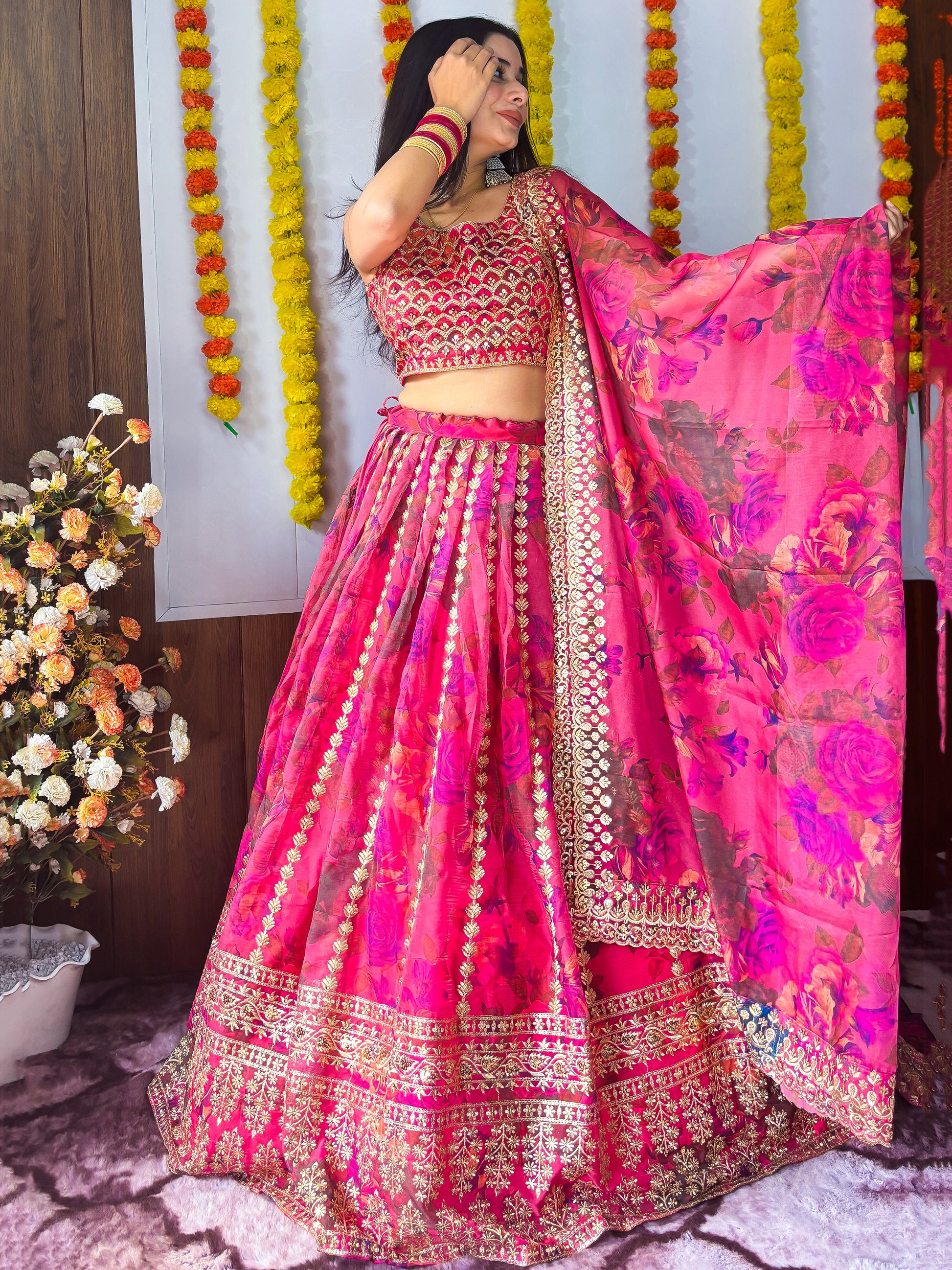 Marvelous Pink Zari Embroidery Organza Bridesmaid Lehenga Choli