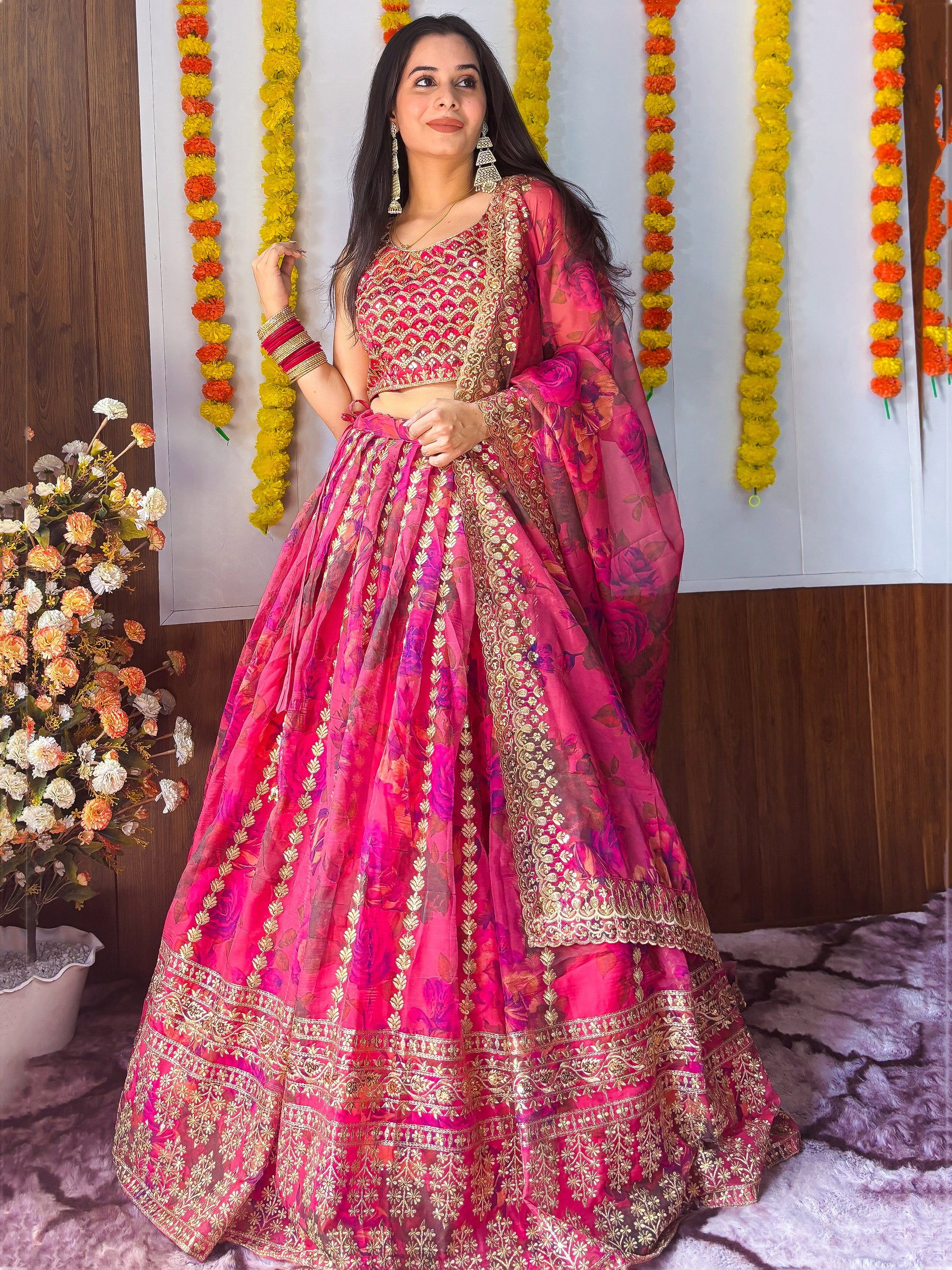 Marvelous Pink Zari Embroidery Organza Bridesmaid Lehenga Choli