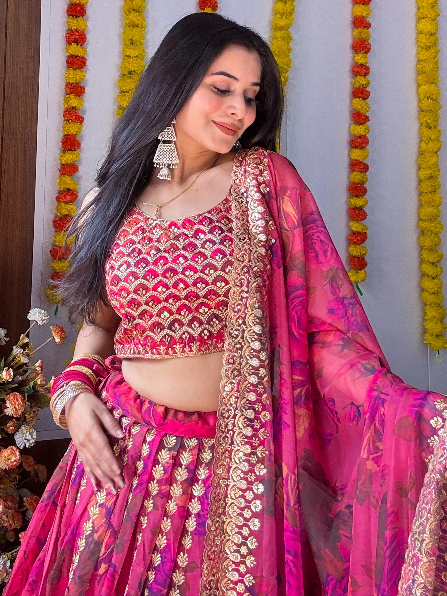 Marvelous Pink Zari Embroidery Organza Bridesmaid Lehenga Choli
