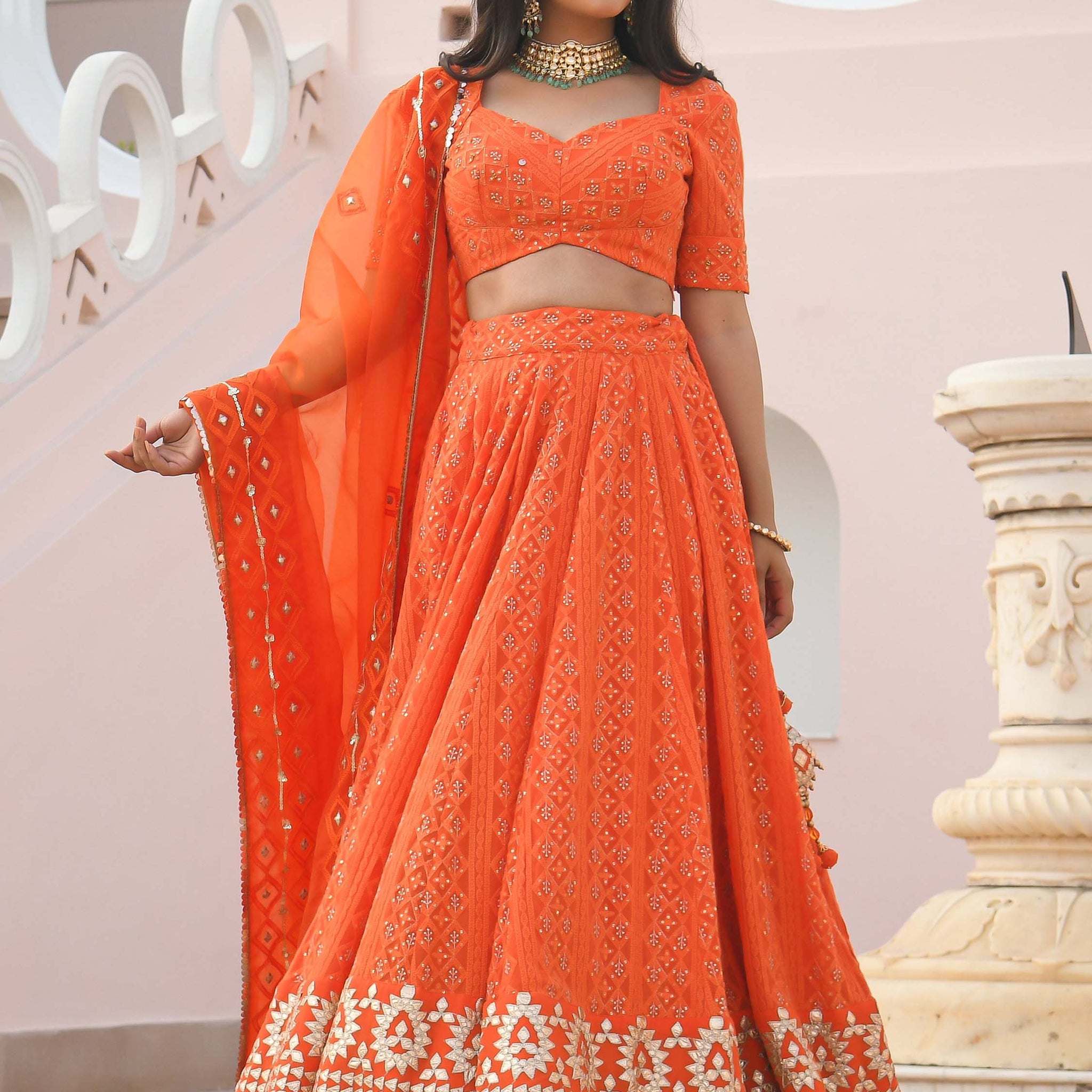 Stunning Orange Zari Embroidered Wedding Lehenga Choli With Dupatta