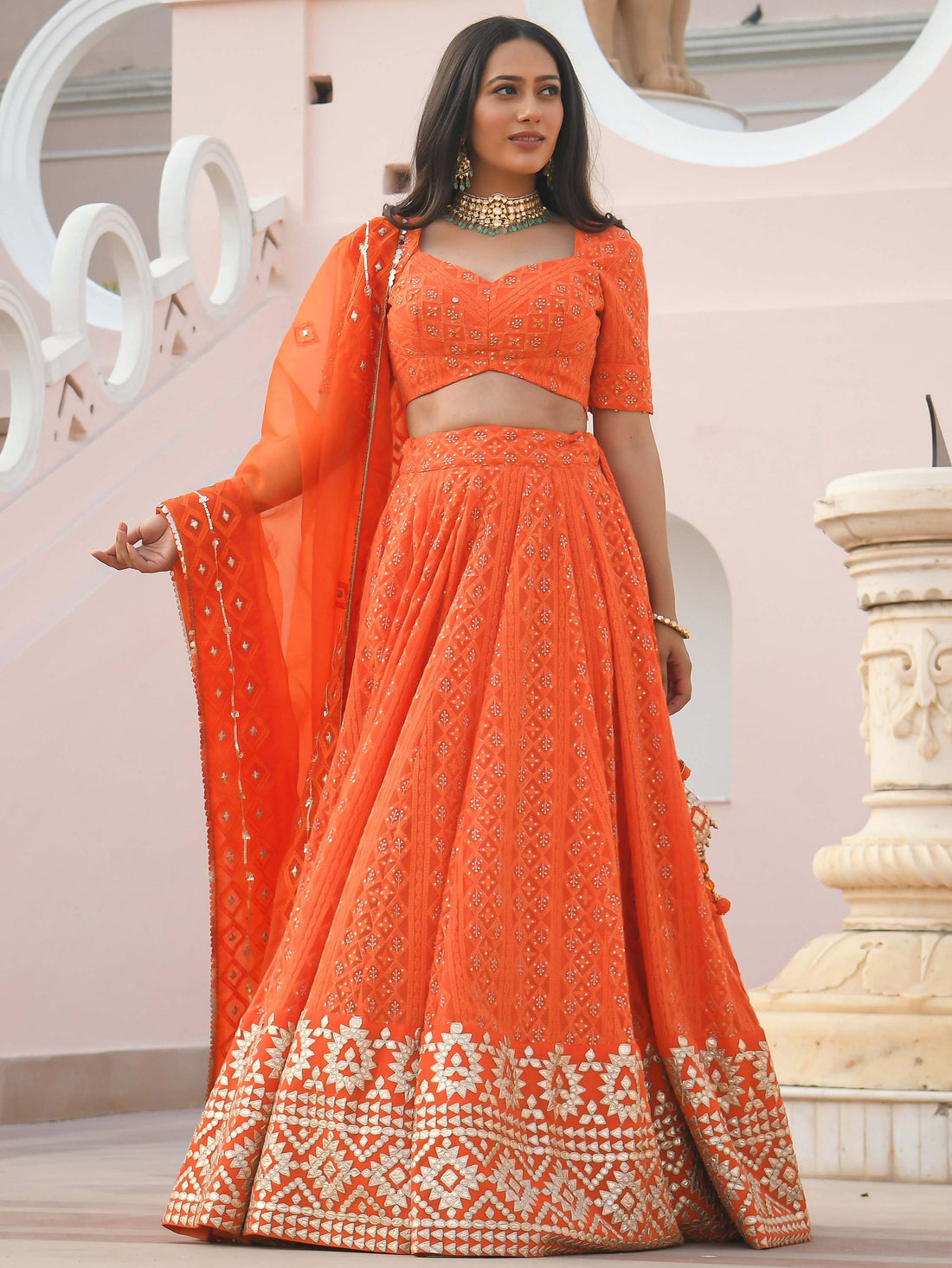 Stunning Orange Zari Embroidered Wedding Lehenga Choli With Dupatta