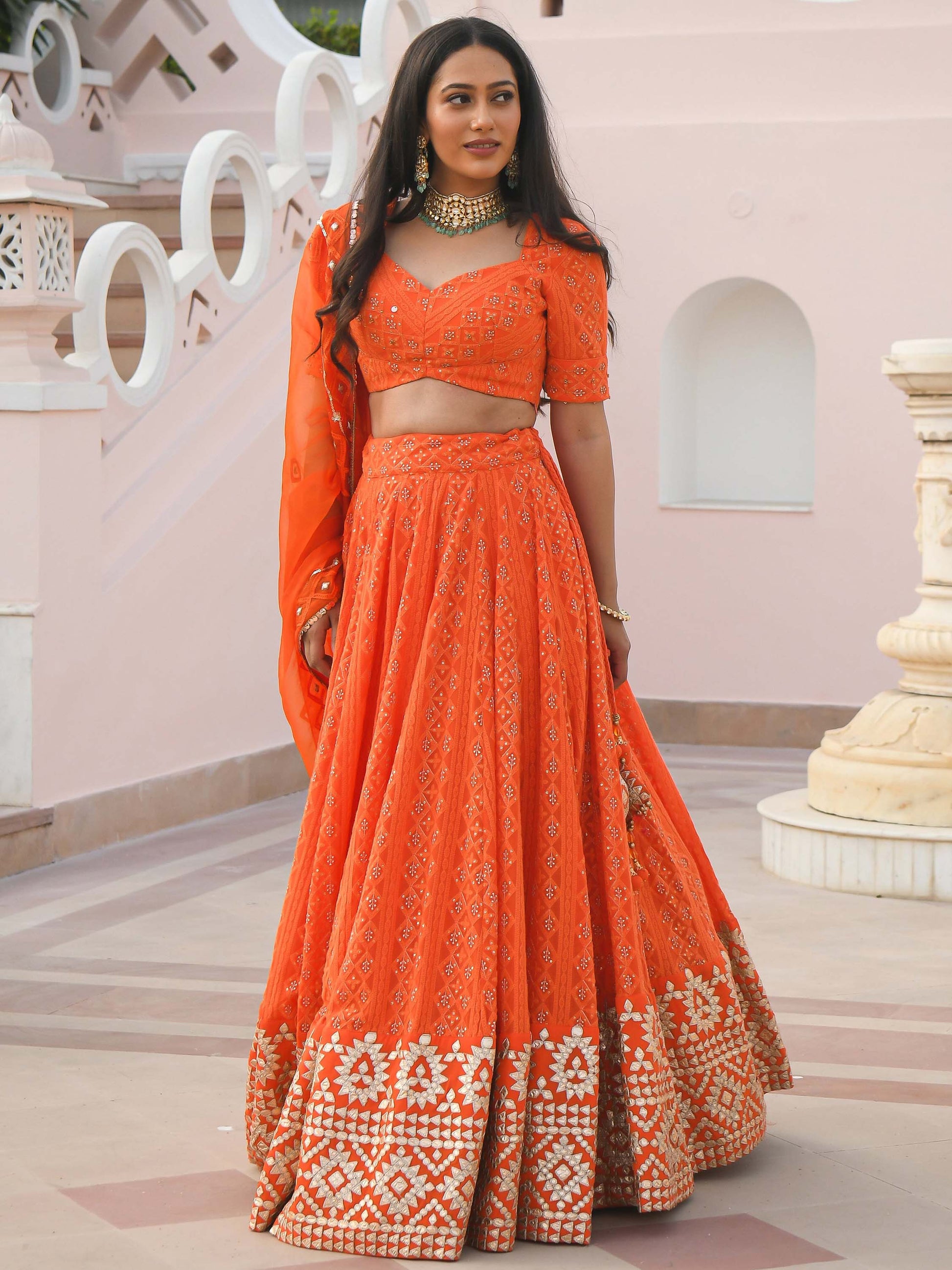Stunning Orange Zari Embroidered Wedding Lehenga Choli With Dupatta