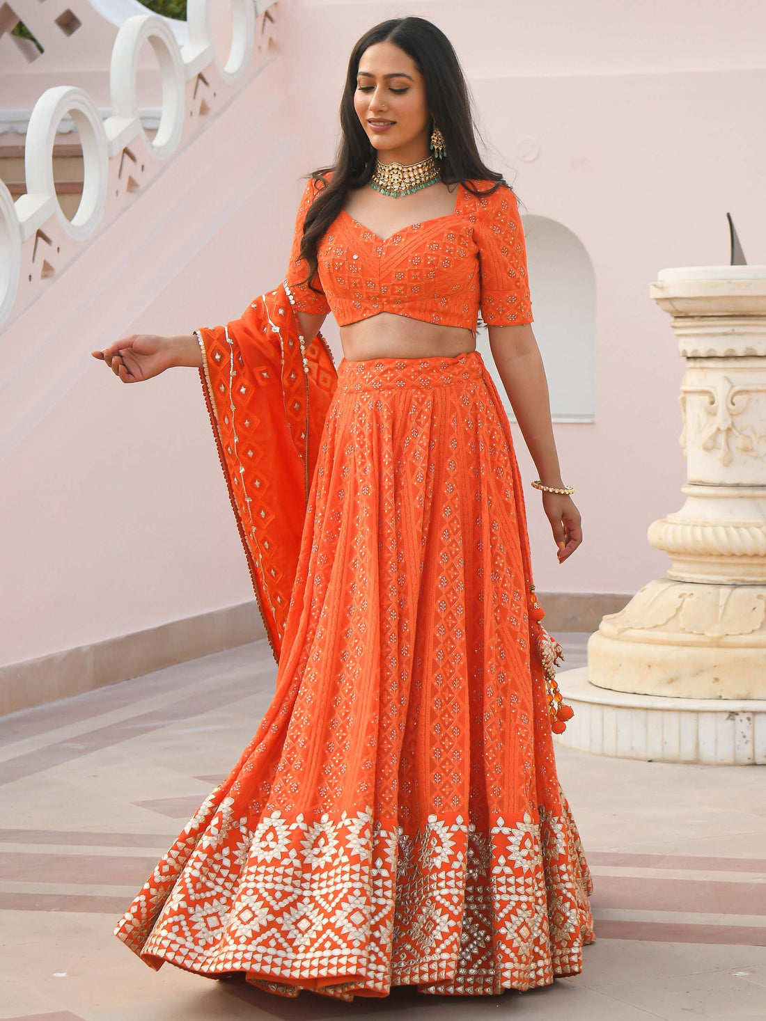 Stunning Orange Zari Embroidered Wedding Lehenga Choli With Dupatta