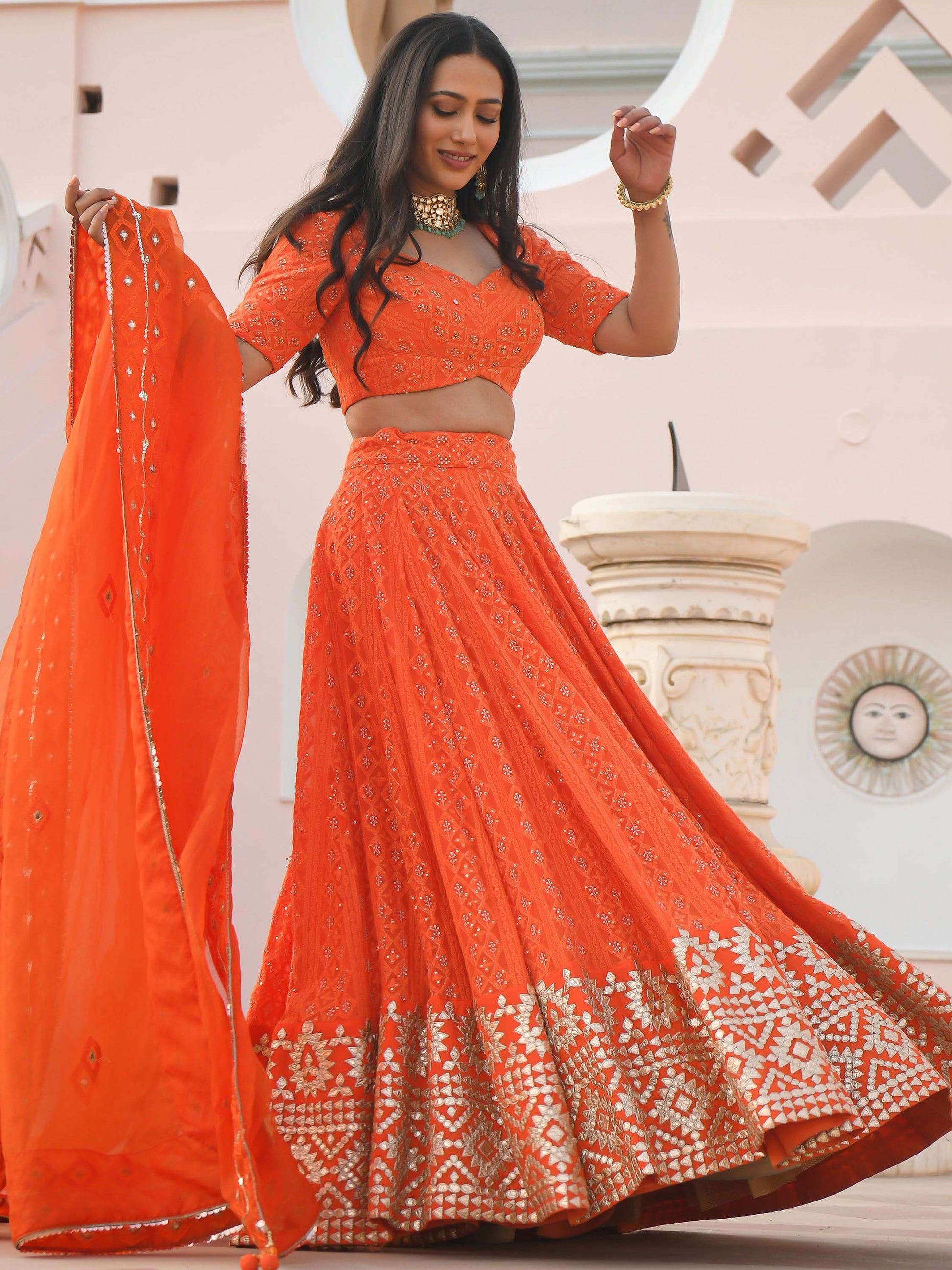 Stunning Orange Zari Embroidered Wedding Lehenga Choli With Dupatta