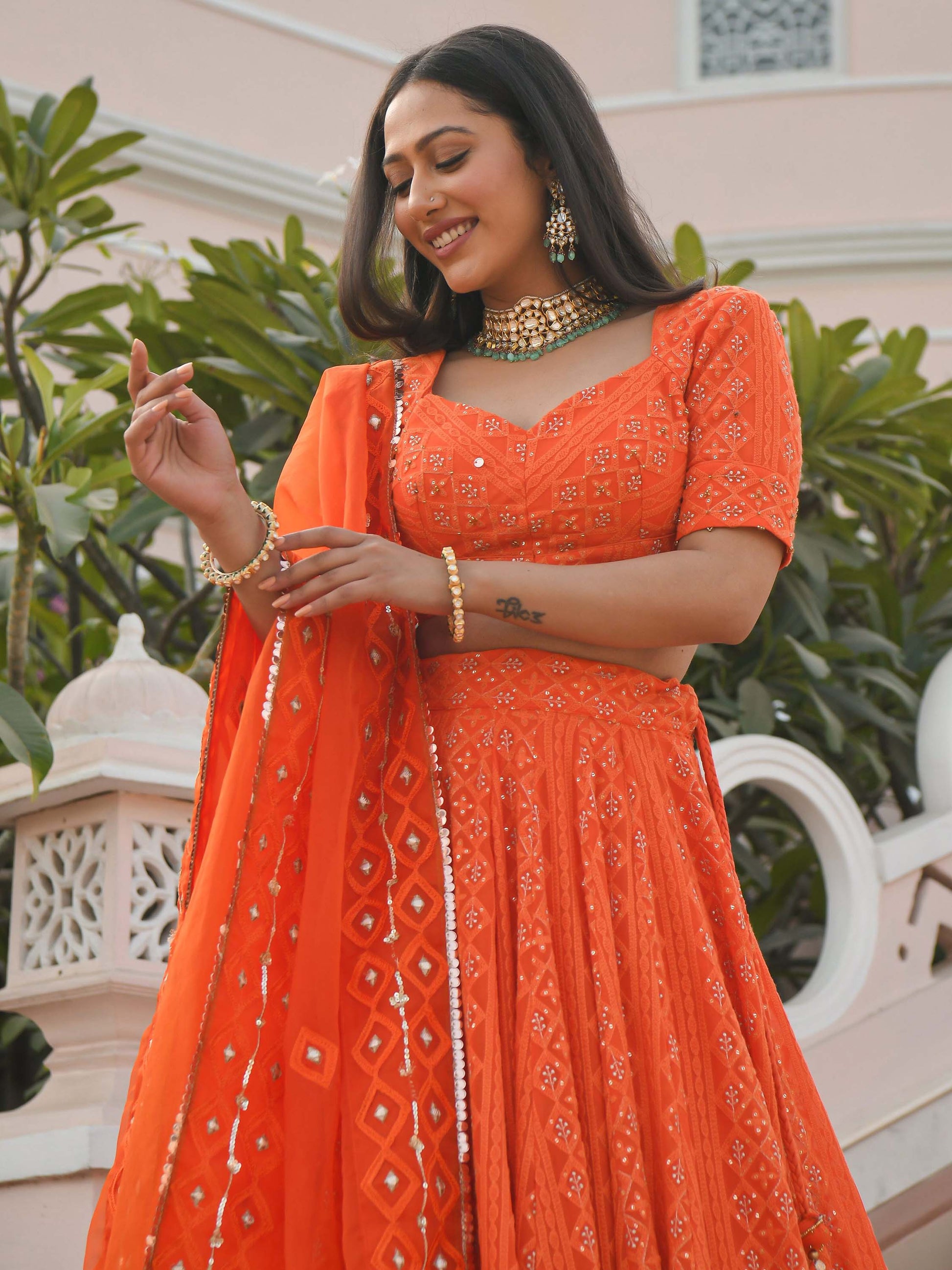 Stunning Orange Zari Embroidered Wedding Lehenga Choli With Dupatta