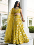 Awesome Yellow Thread Embroidered Georgette Wedding Wear Lehenga Choli