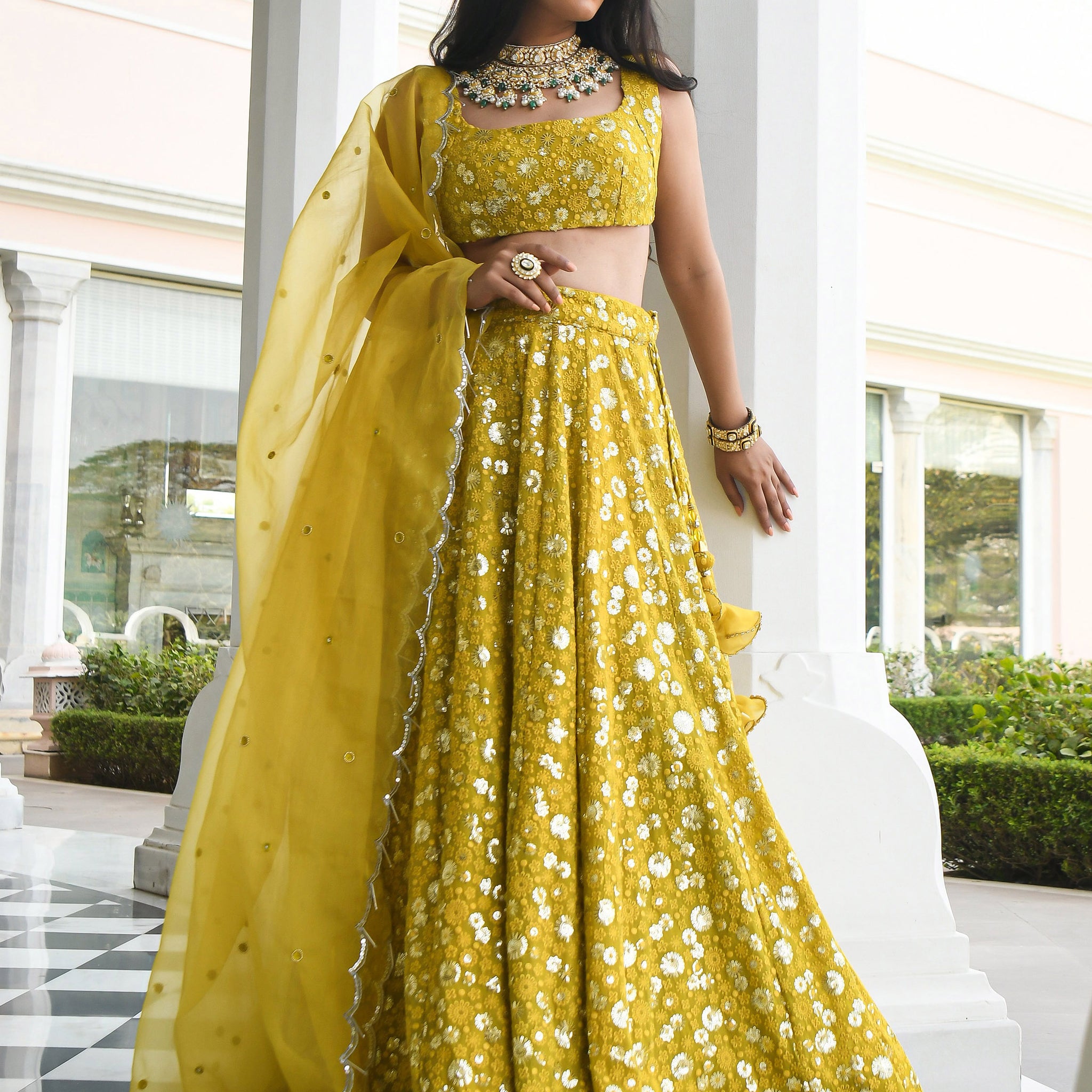 Awesome Yellow Thread Embroidered Georgette Wedding Wear Lehenga Choli