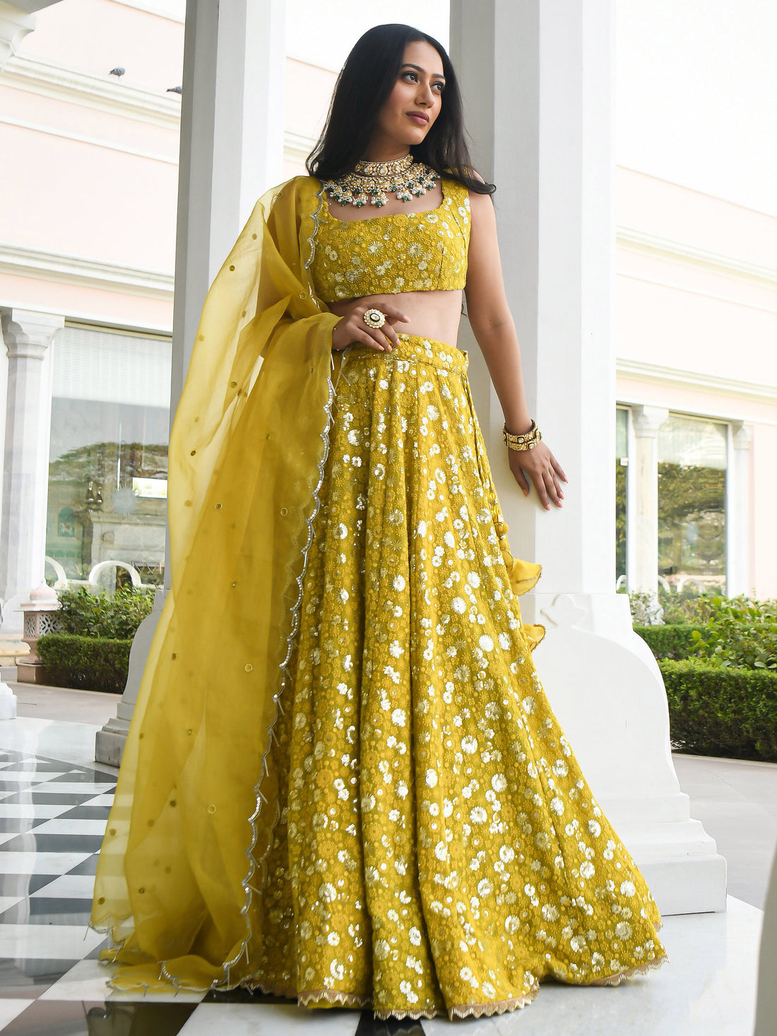 Awesome Yellow Thread Embroidered Georgette Wedding Wear Lehenga Choli