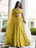 Awesome Yellow Thread Embroidered Georgette Wedding Wear Lehenga Choli